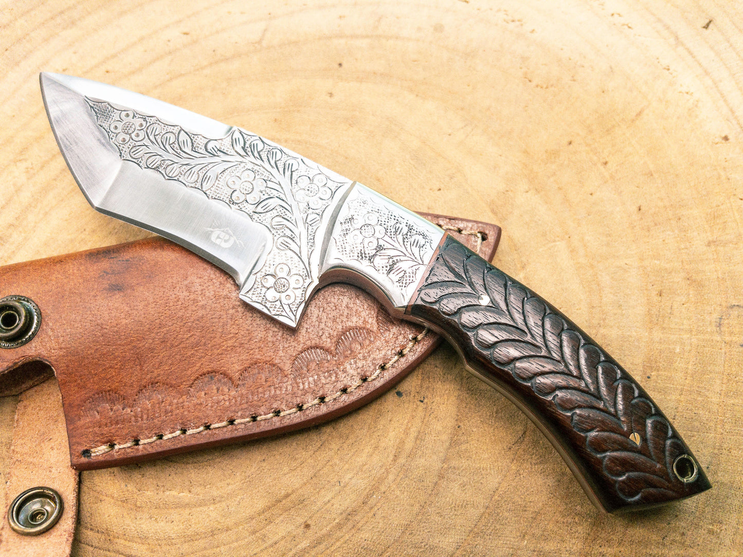 Nature's Way EDC Knife Hand Engraved 1085 Knife Rosewood Handle