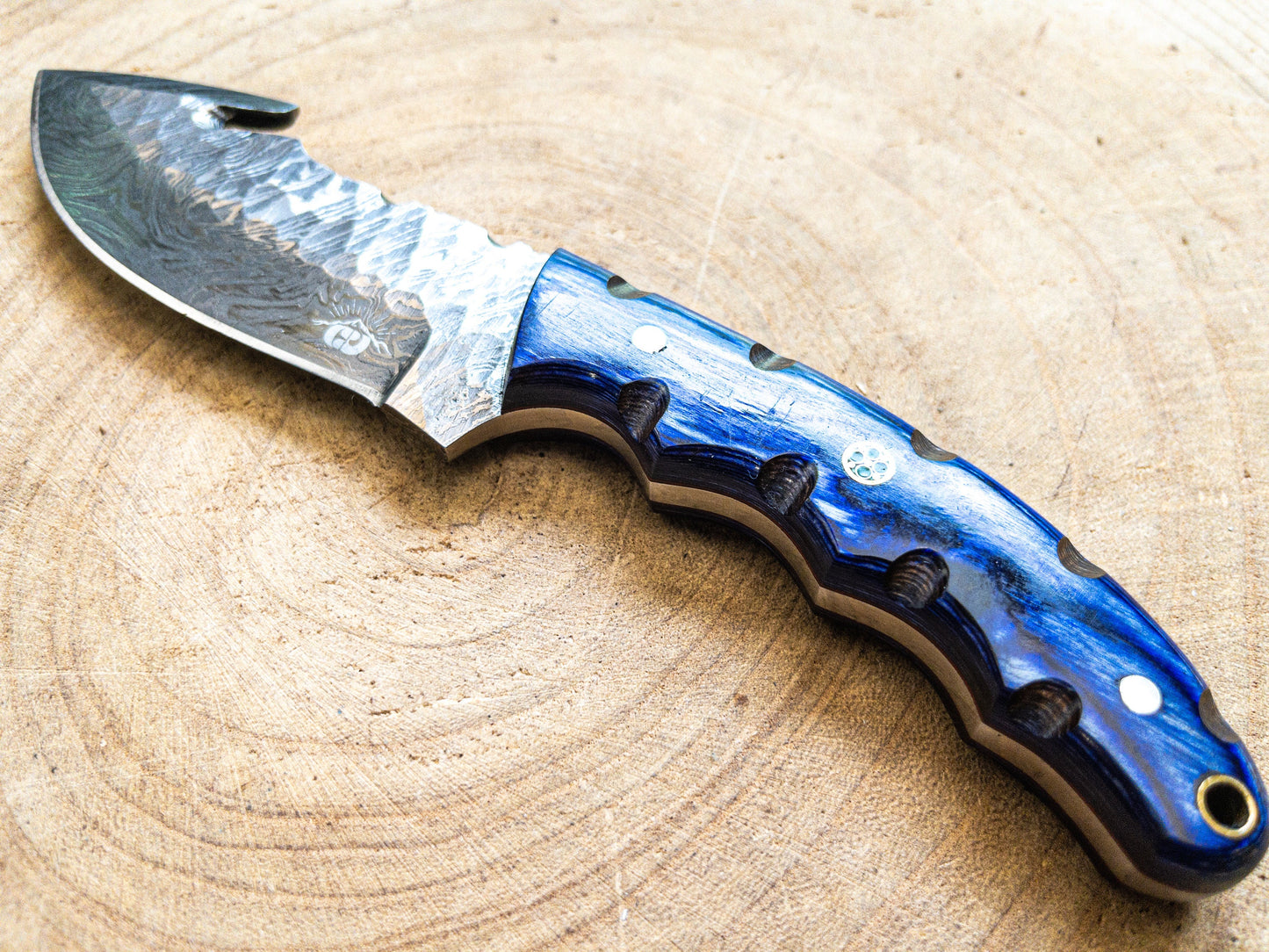 Damascus Hunting EDC Fishing Knife, Blue Lagoon