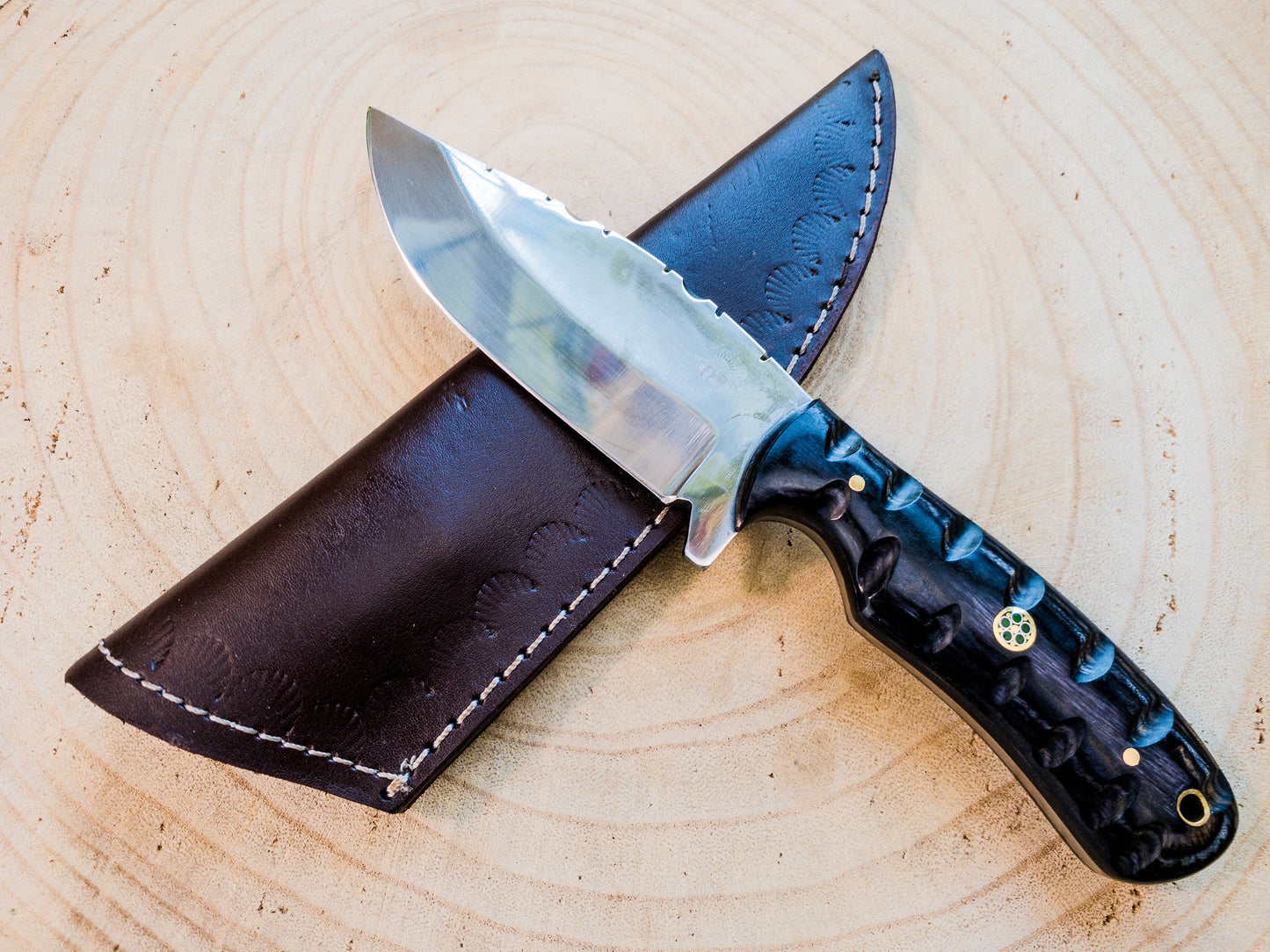 Hunting EDC Utility knife handmade in 1085 steel, carved micarta handle