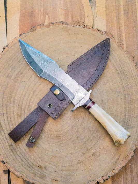 Damascus Big Rack Antler Tracker Bowie Knife