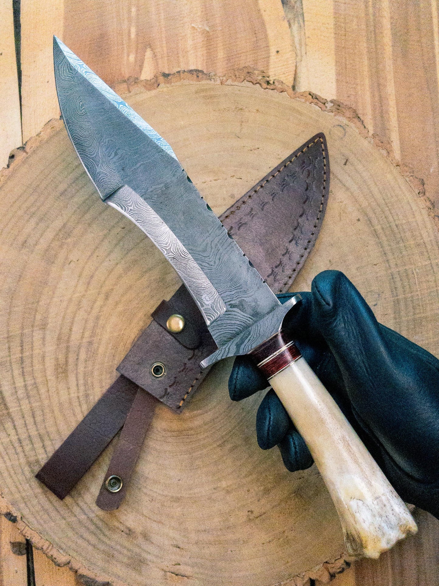 Damascus Big Rack Antler Tracker Bowie Knife