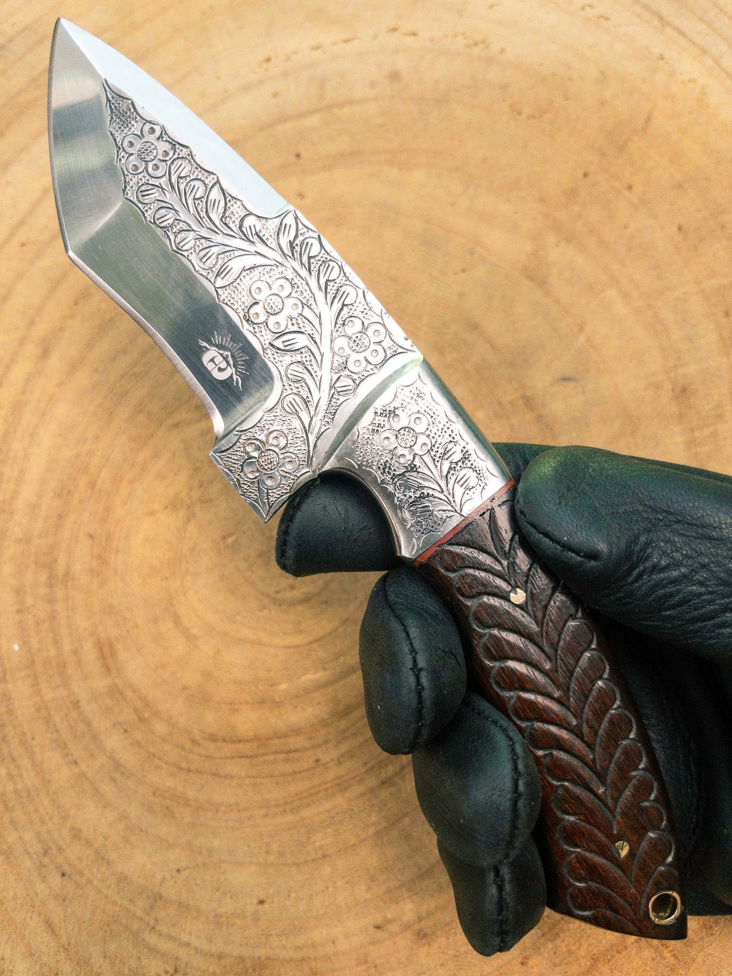 Nature's Way EDC Knife Hand Engraved 1085 Knife Rosewood Handle