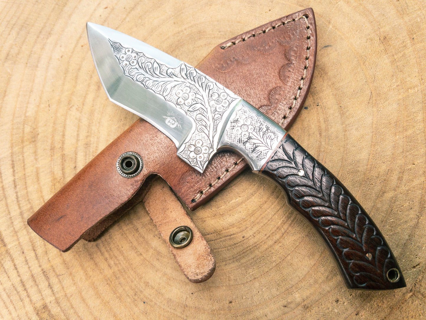 Nature's Way EDC Knife Hand Engraved 1085 Knife Rosewood Handle