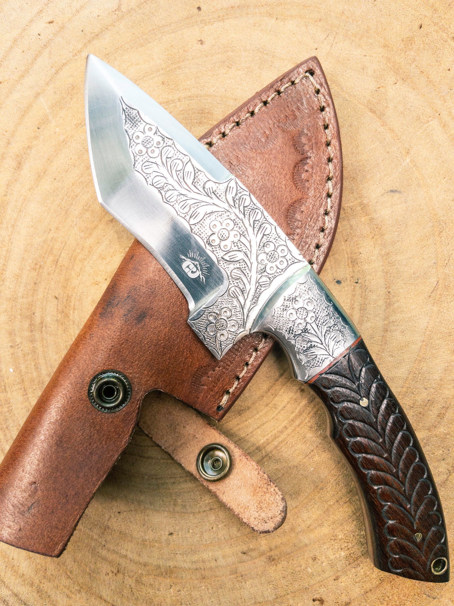 Nature's Way EDC Knife Hand Engraved 1085 Knife Rosewood Handle