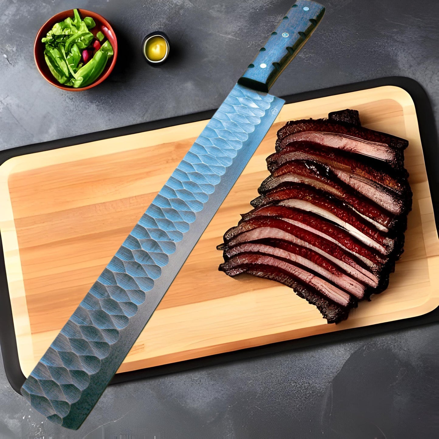 Brisket Slicer - 1095 HCS - Diamond Pattern Hand Finish Bladework - Rosewood Handle
