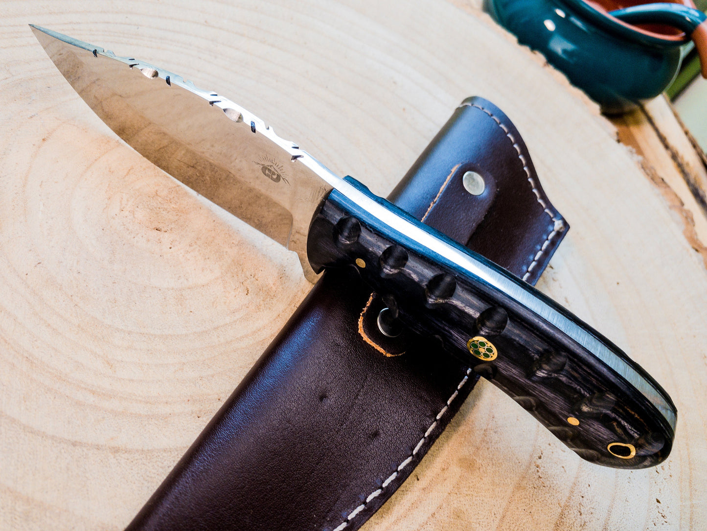 Hunting EDC Utility knife handmade in 1085 steel, carved micarta handle