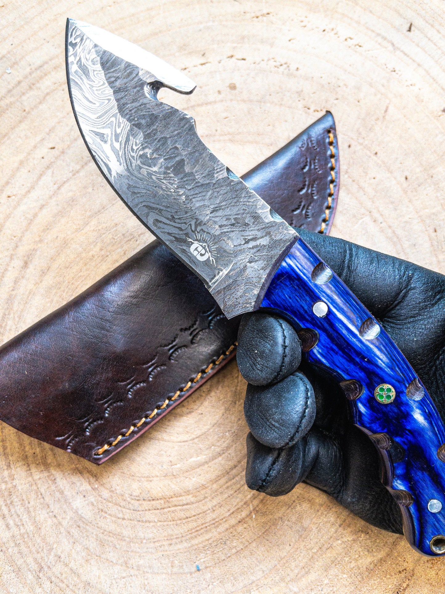 Damascus Hunting EDC Fishing Knife, Blue Lagoon