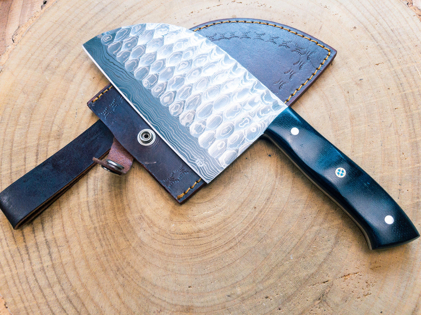 Damascus Steel Cleaver Chef Chopper w/ Dark Blue/Black Micarta Handle