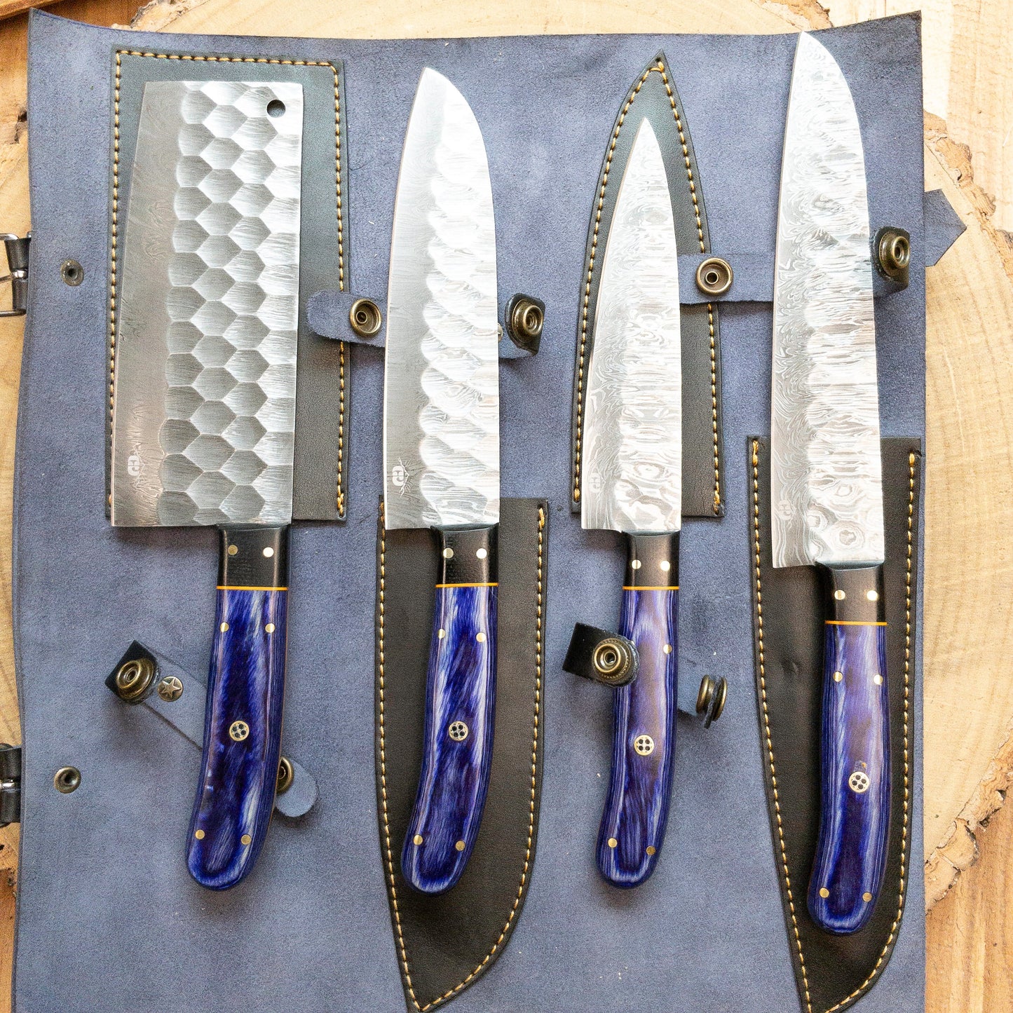 Chef Knife Set - 4 Piece Chef Knife Set - Damascus Steel Hand Forged w/ Chef Roll Carry Case