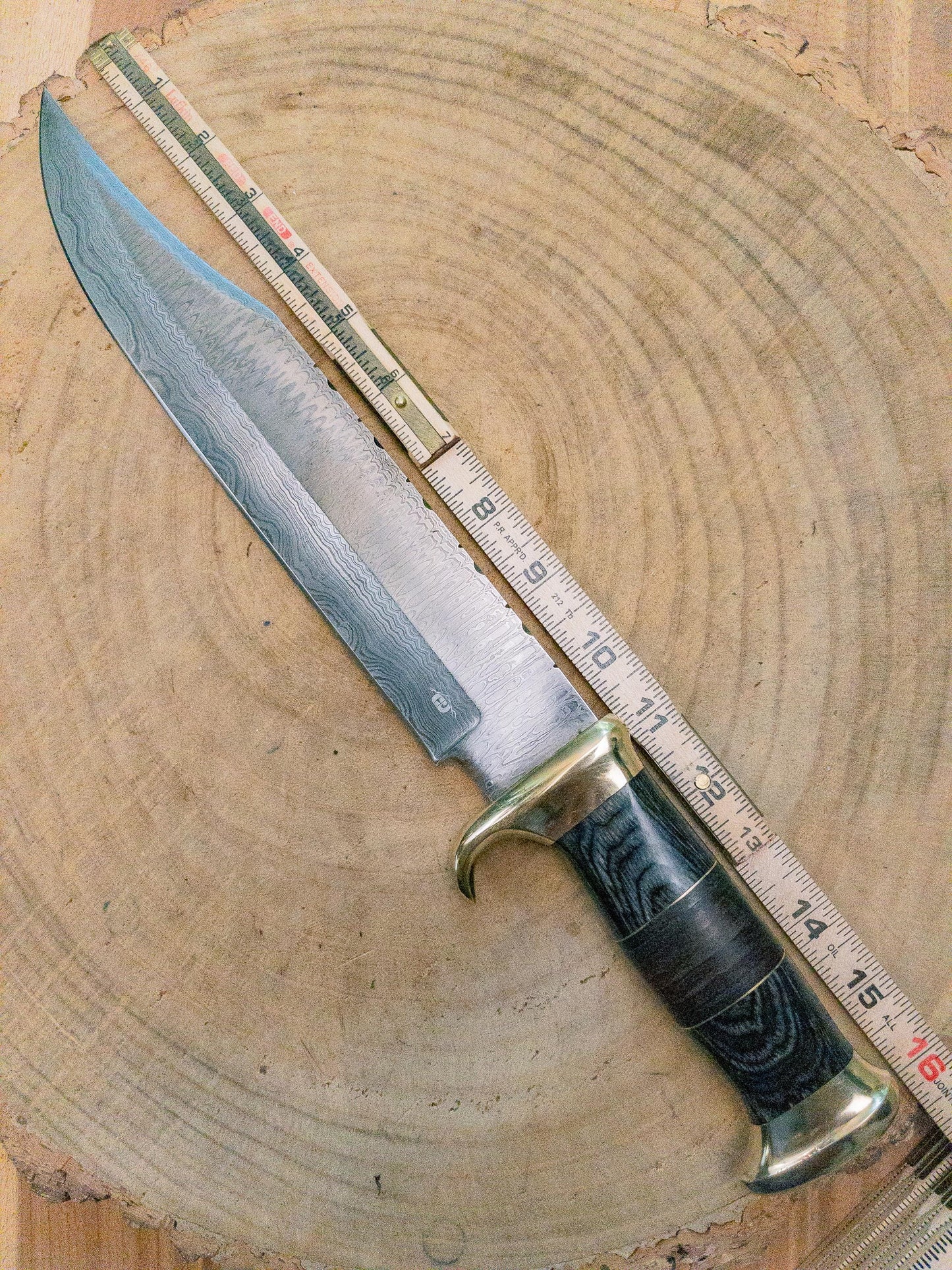 Bowie Knife - Large - Damascus Steel w/ Brass Bolsters, Black Wood and Leather Handle