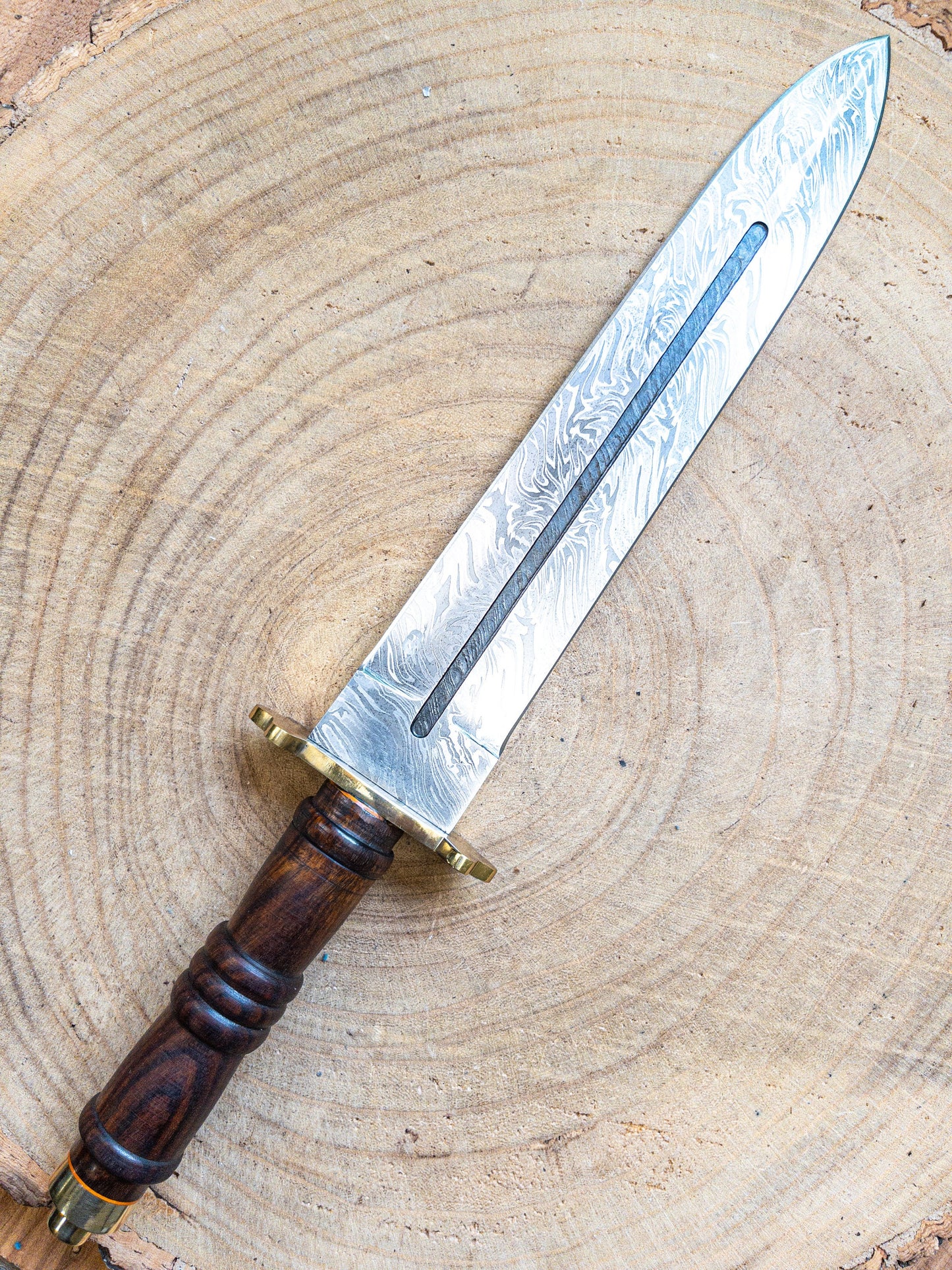 Damascus Short Dagger with Rosewood Handle and Brass Guard