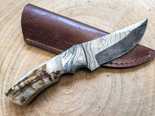 Damascus Ram Horn EDC Utility Knife Fixed Blade