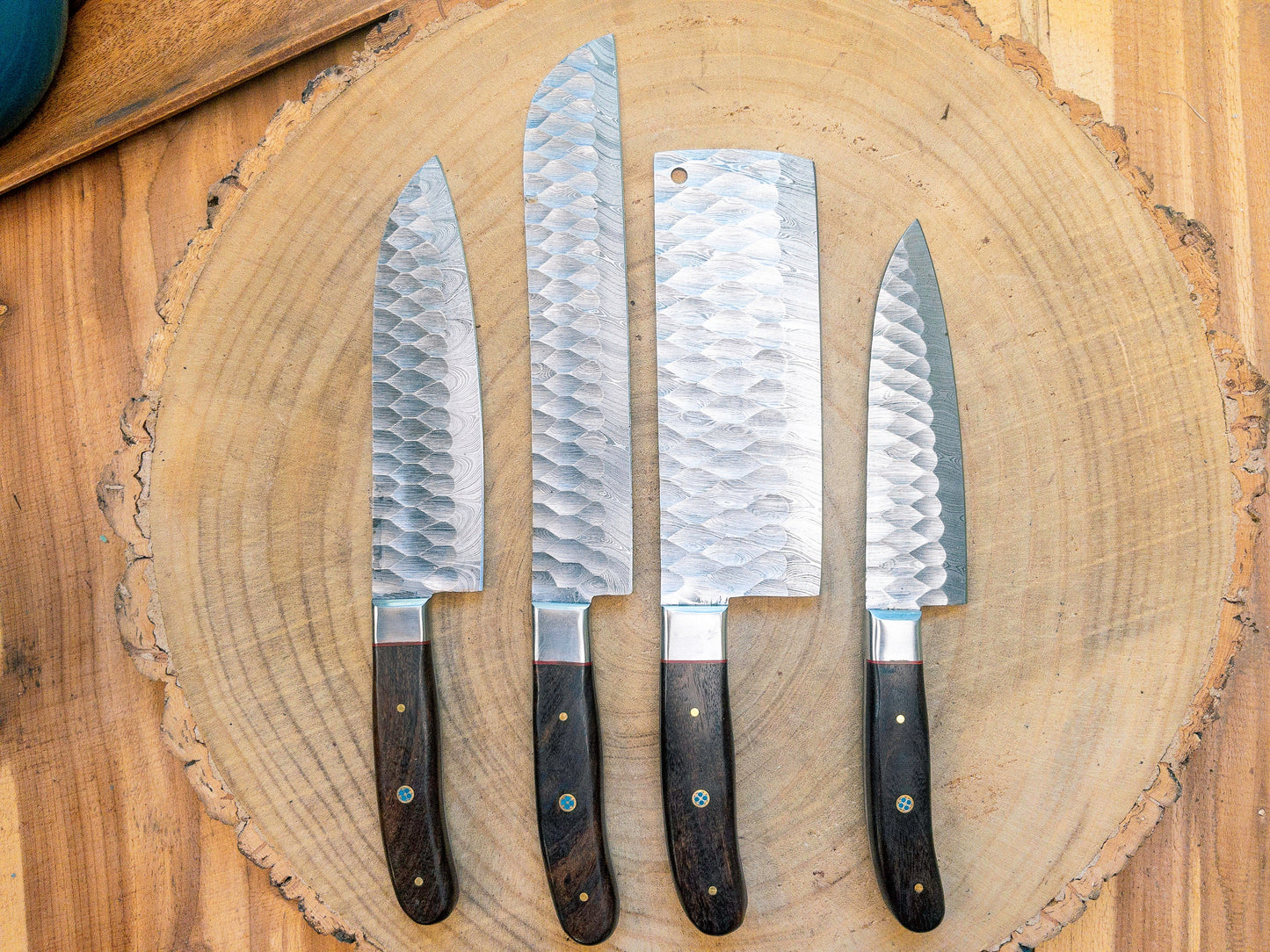 Chef Knife Set - 4 Piece Chef Knife Set - Damascus Steel Hand Forged w/ Chef Roll Carry Case