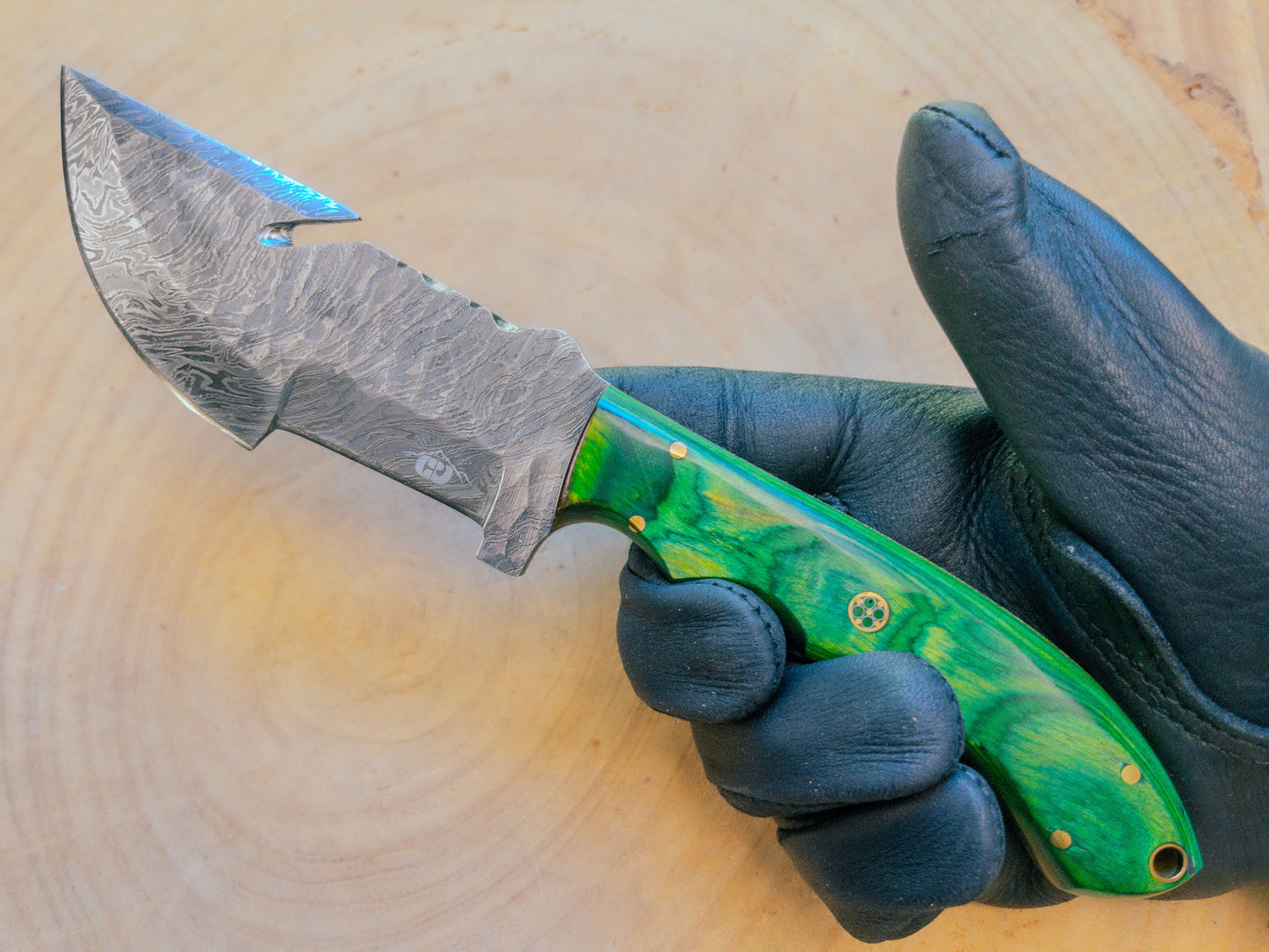 Damascus Hunting EDC Fishing Knife, Green Machine