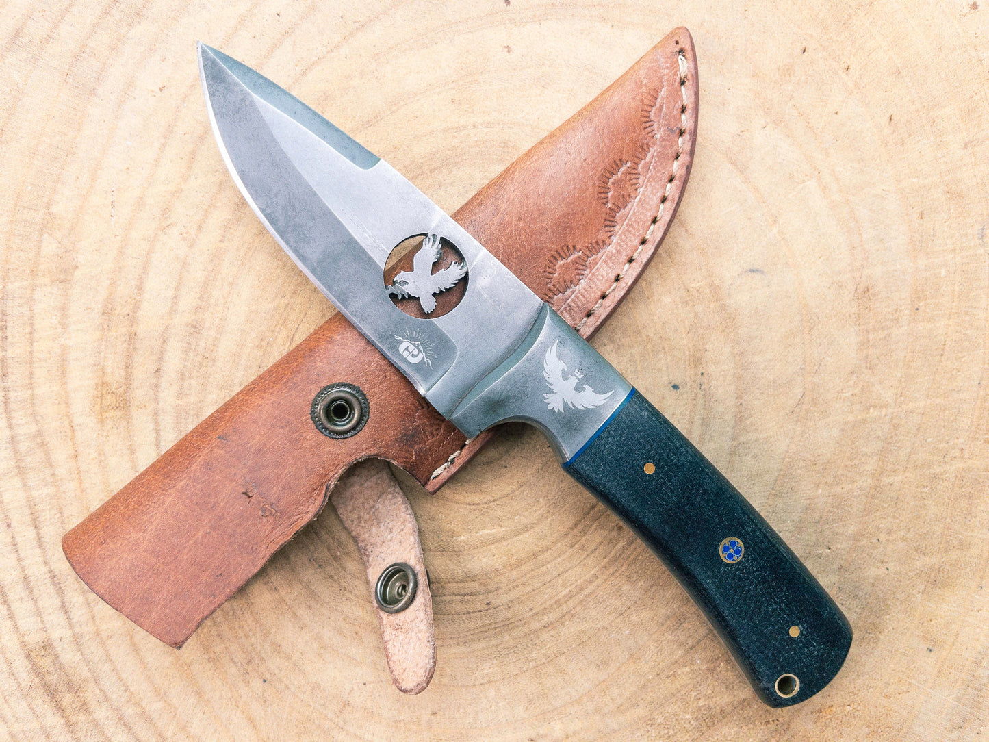 Soaring Eagle Hunting Knife 1095 Steel / Matte Blade Acid Wash Finishing / Micarta Handle / Leather Sheath