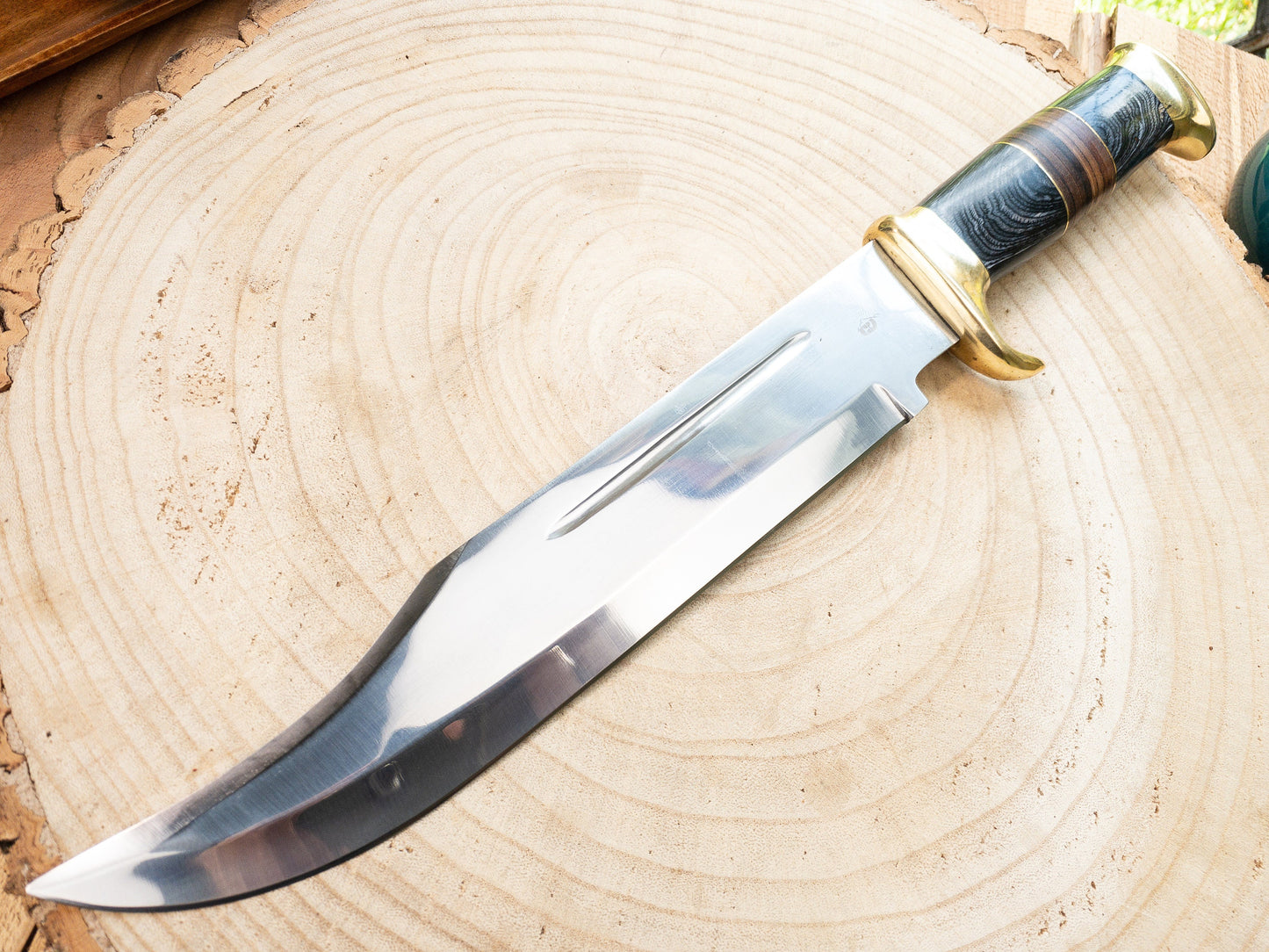 Bowie Knife - Large - 1085 Steel, Mirror Finish w/ Brass Bolsters, Black Wood and Leather Handle