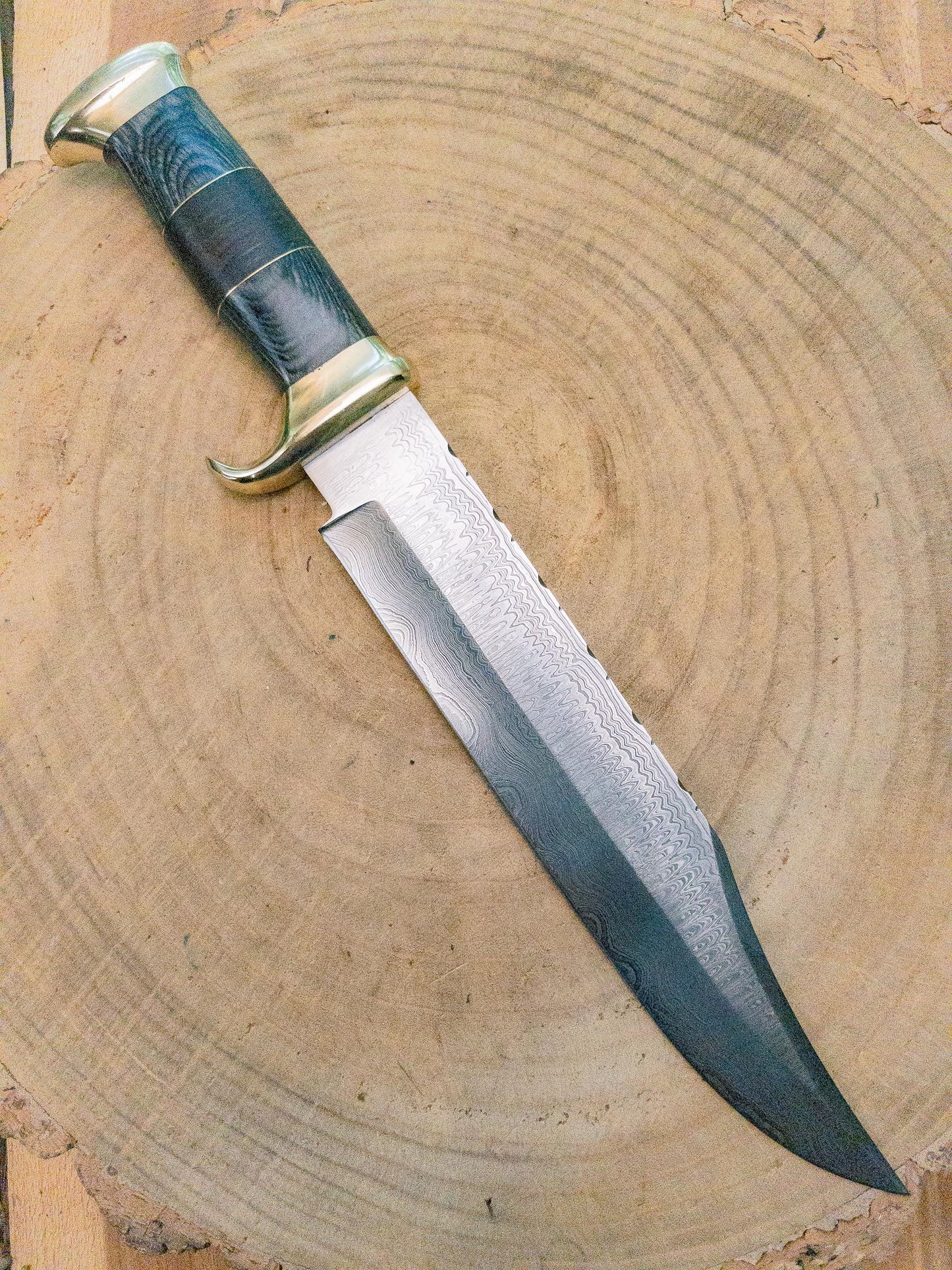 Bowie Knife - Large - Damascus Steel w/ Brass Bolsters, Black Wood and Leather Handle