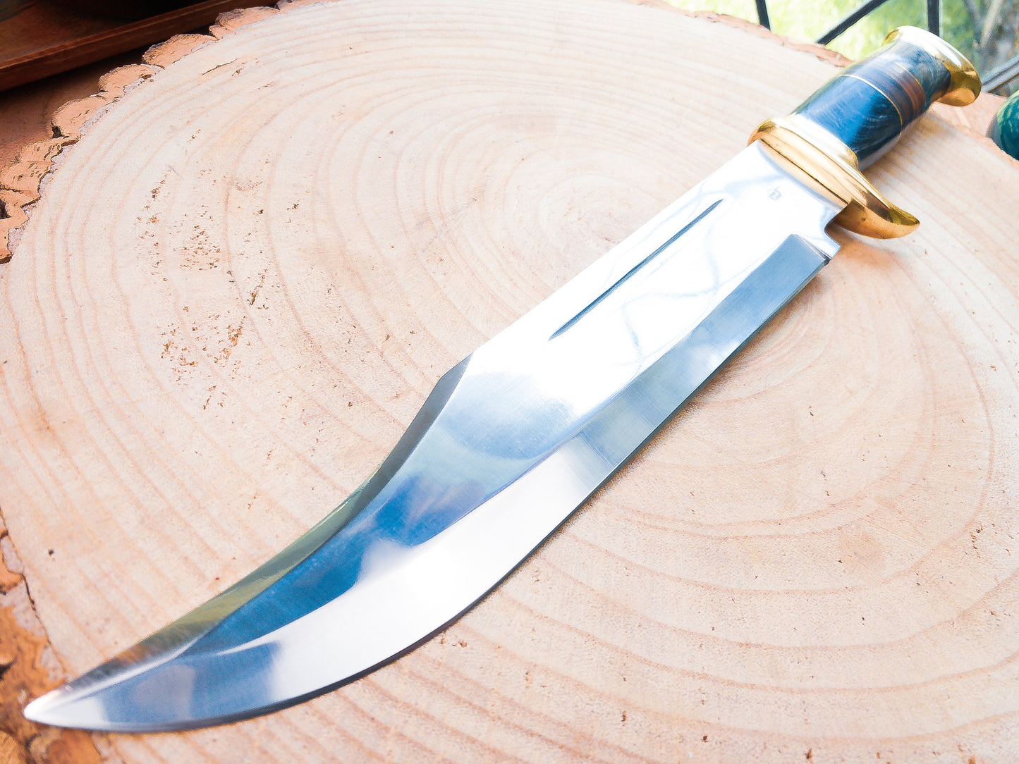 Bowie Knife - Large - 1085 Steel, Mirror Finish w/ Brass Bolsters, Black Wood and Leather Handle