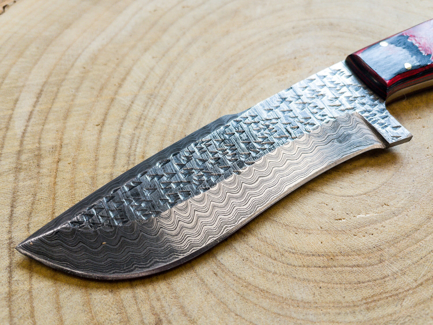 Damascus Steel Hunting EDC Knife Rustic Blade Finish