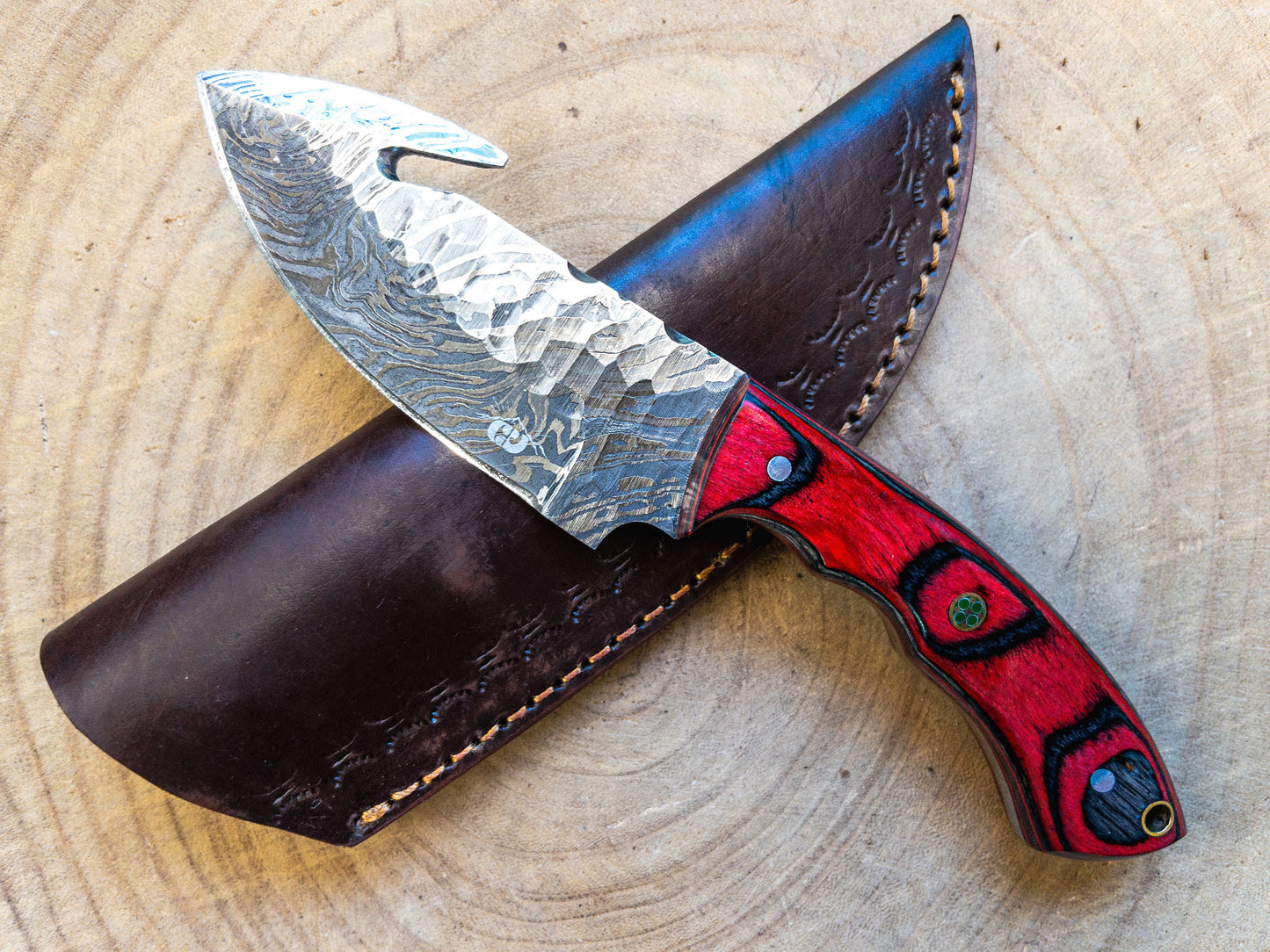 Damascus Hunting EDC Fishing Knife, Red Barron