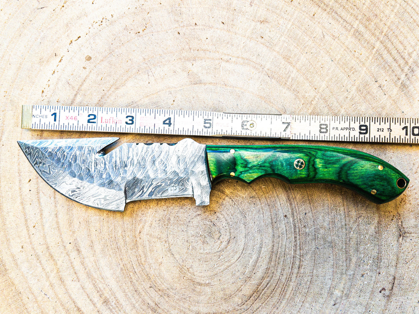 Damascus Hunting EDC Fishing Knife, Green Machine