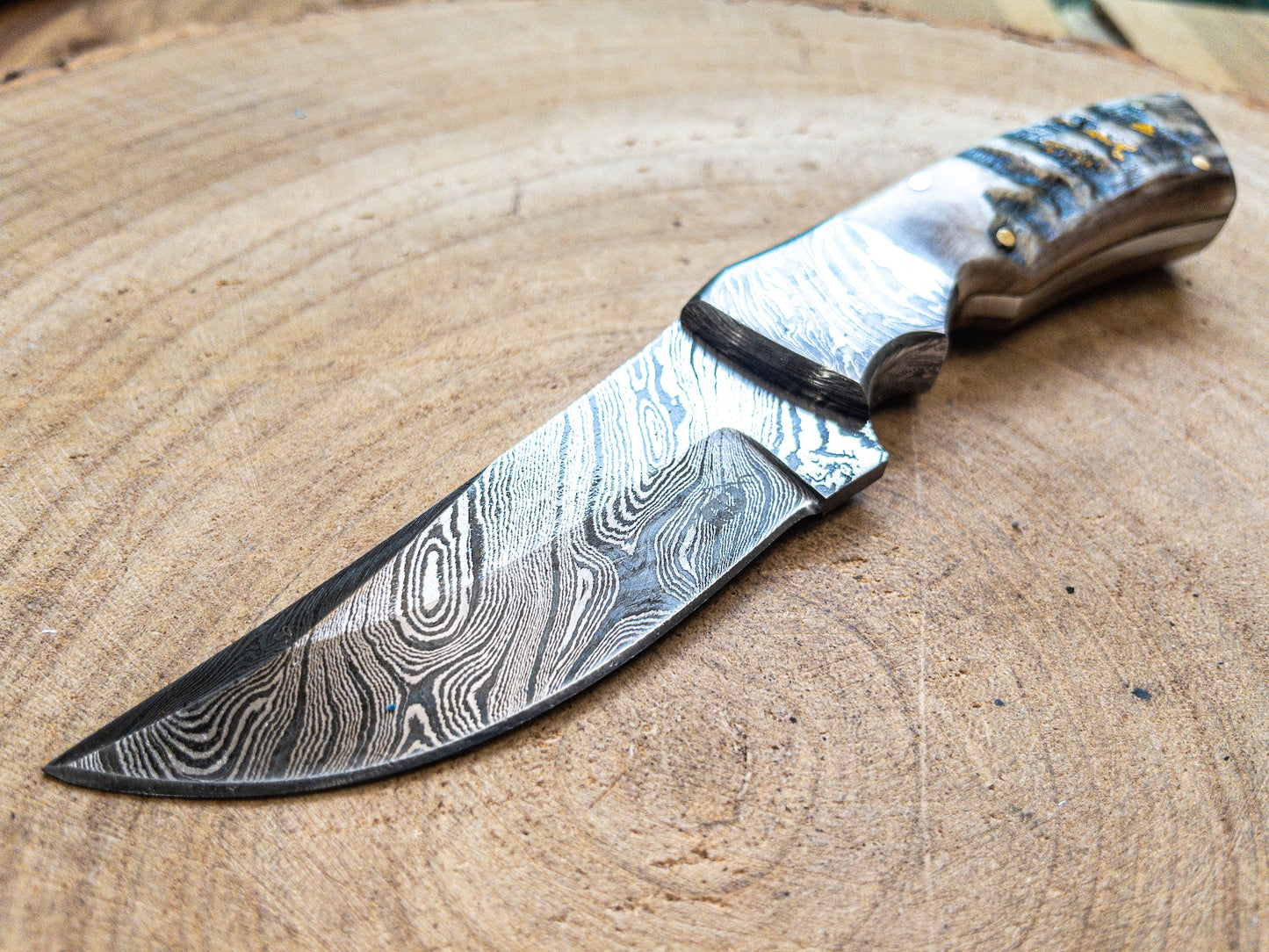 Damascus Ram Horn EDC Utility Knife Fixed Blade