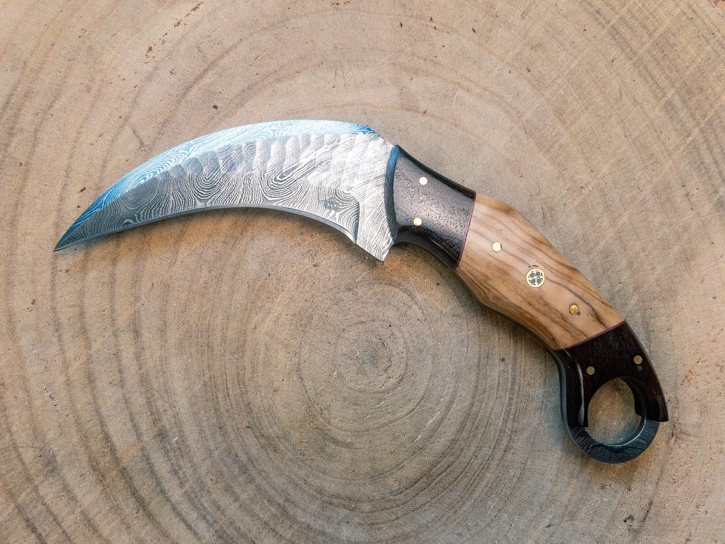 Damascus Karambit Knife, Thumb Ring, Hand Textured Blade