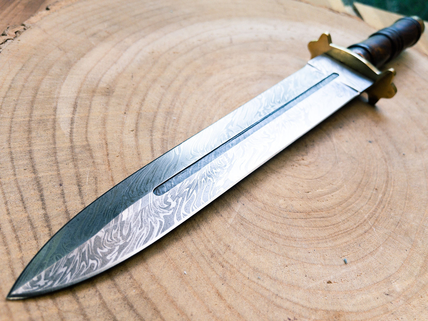 Damascus Short Dagger with Rosewood Handle and Brass Guard