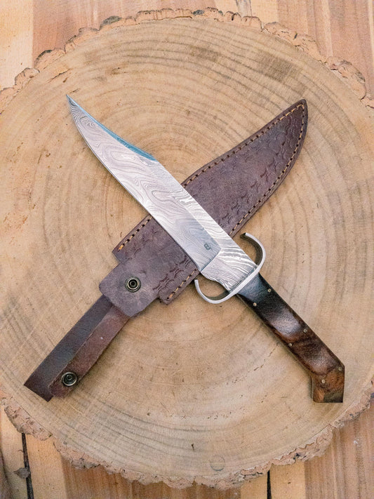 Bowie Knife "The Mini Dueler" Damascus steel, Lightweight, Back-cut, Birdshead Handle