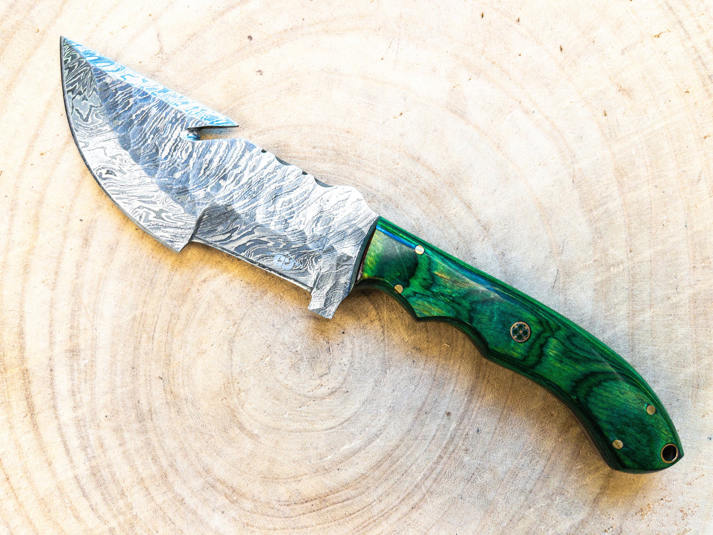 Damascus Hunting EDC Fishing Knife, Green Machine