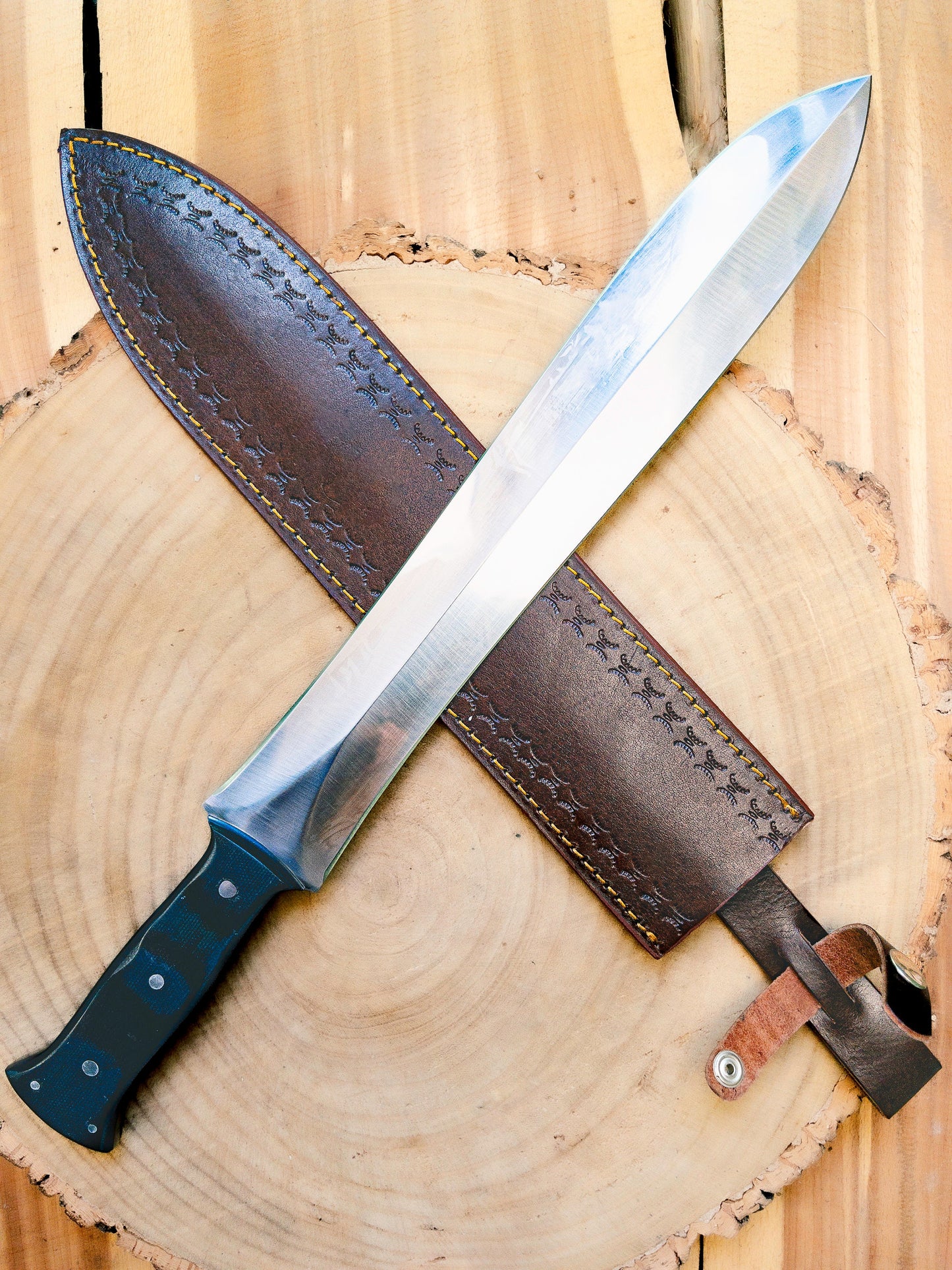 Short Sword - Hand Forged 1085 Steel with Black & Blue Micarta Wood Handle