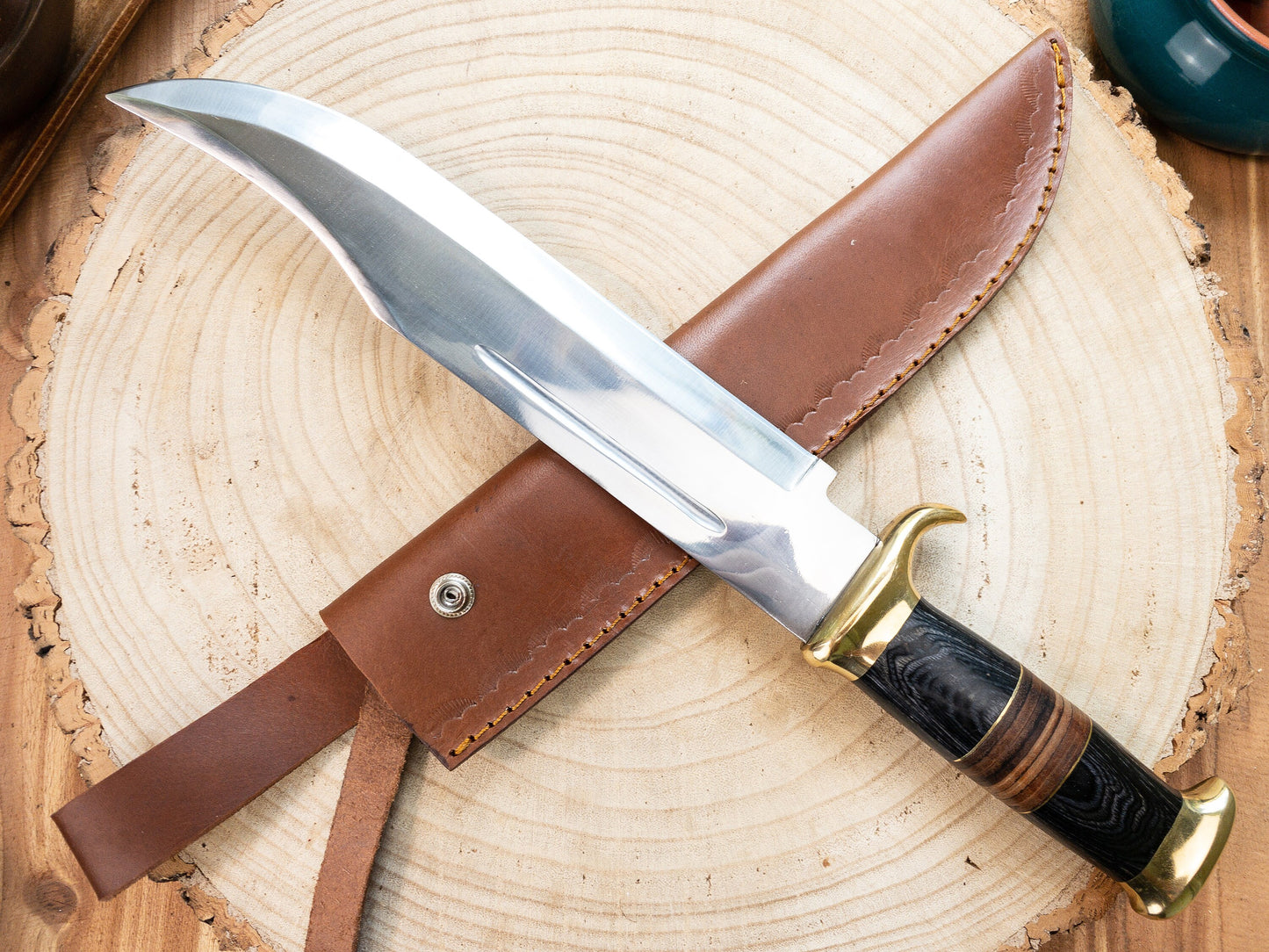 Bowie Knife - Large - 1085 Steel, Mirror Finish w/ Brass Bolsters, Black Wood and Leather Handle