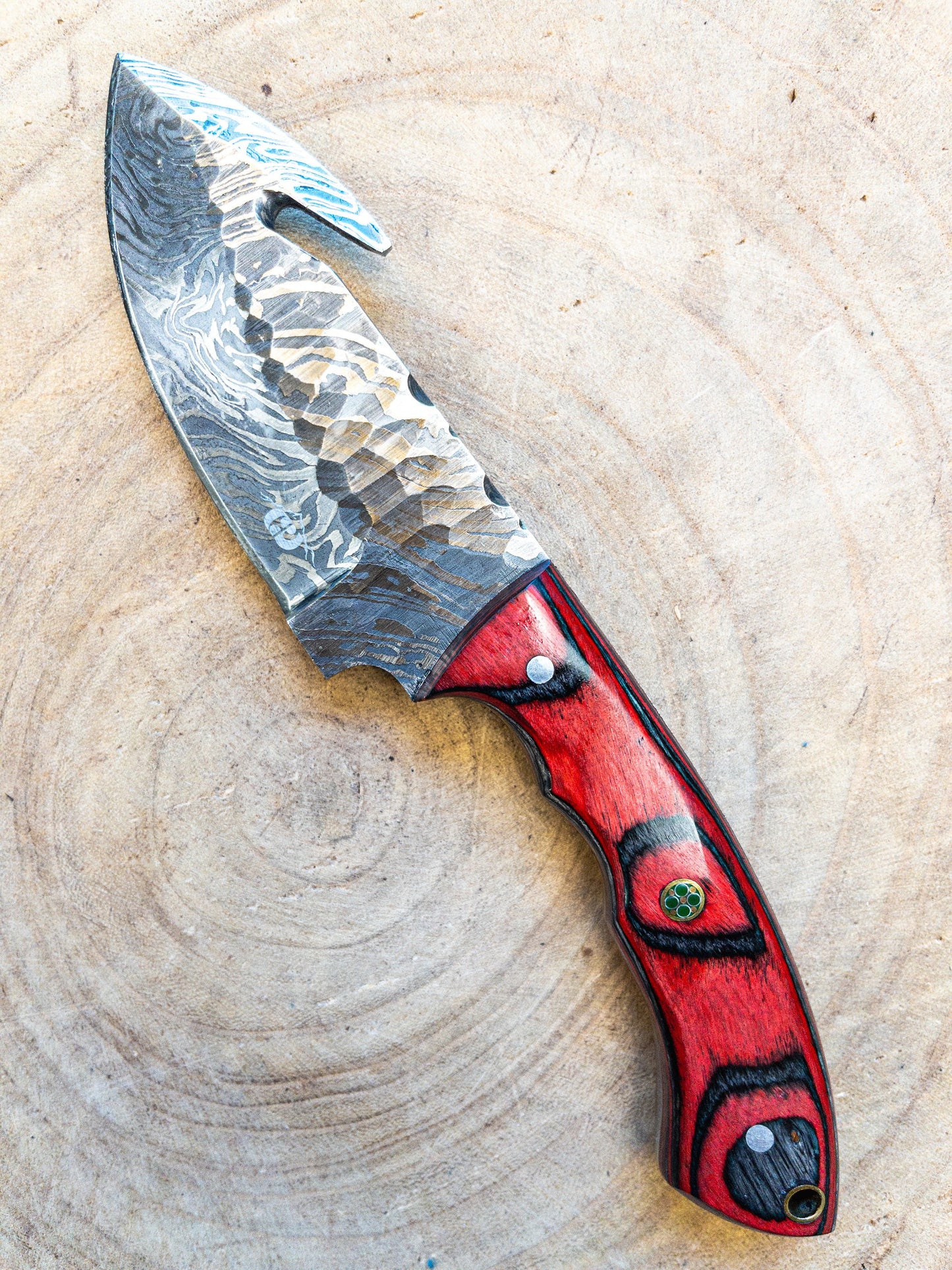 Damascus Hunting EDC Fishing Knife, Red Barron