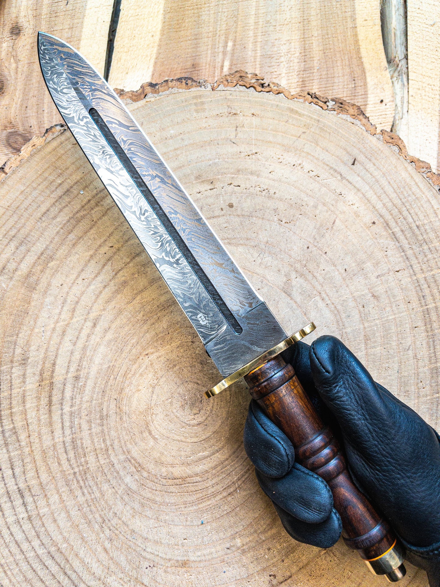 Damascus Short Dagger with Rosewood Handle and Brass Guard