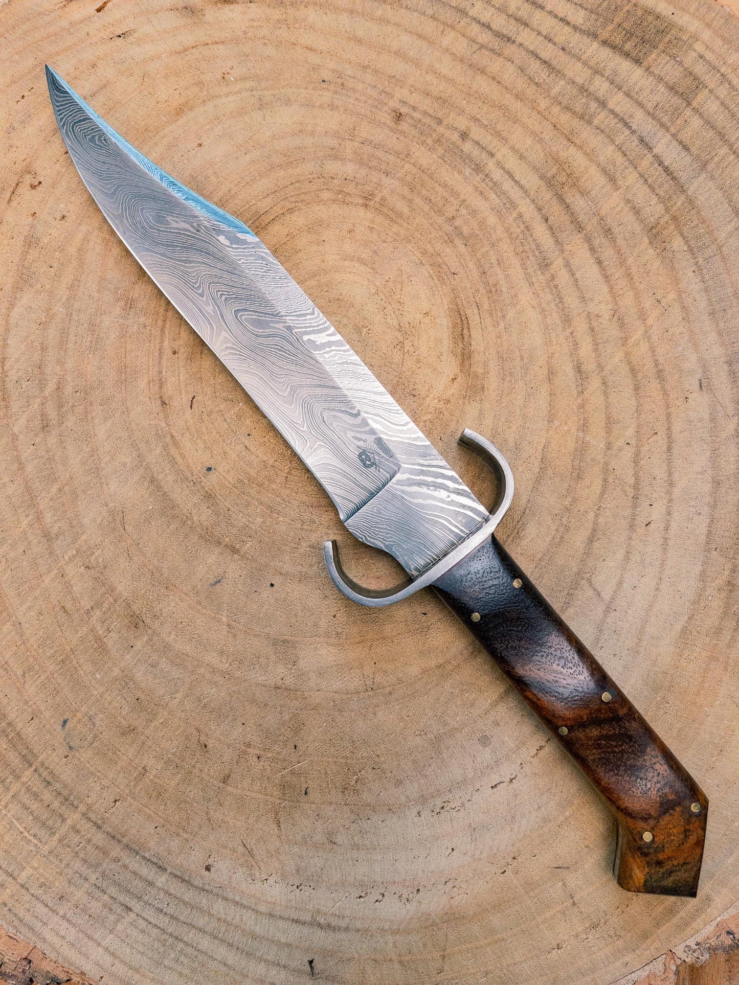 Bowie Knife "The Mini Dueler" Damascus steel, Lightweight, Back-cut, Birdshead Handle