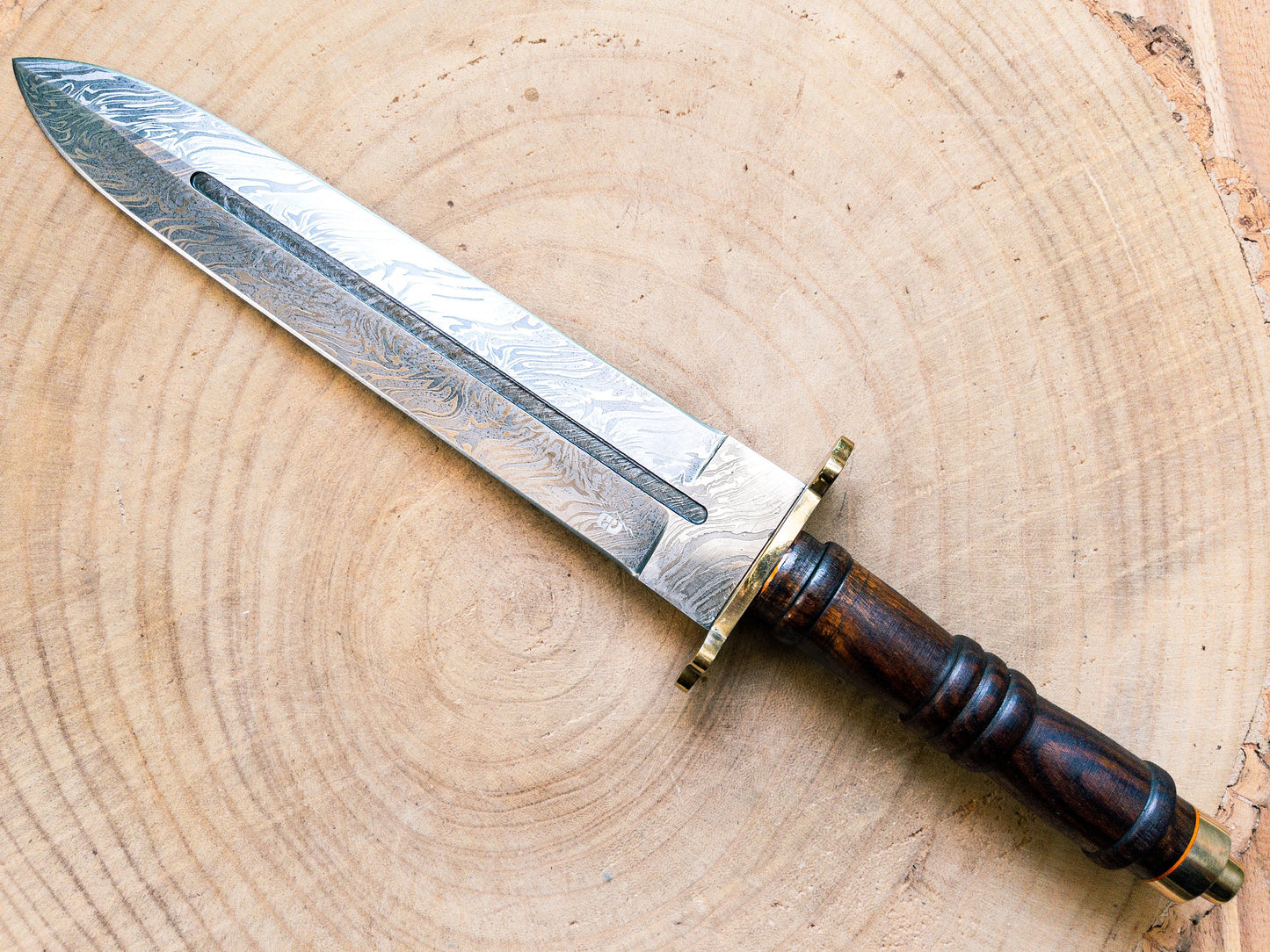 Damascus Short Dagger with Rosewood Handle and Brass Guard