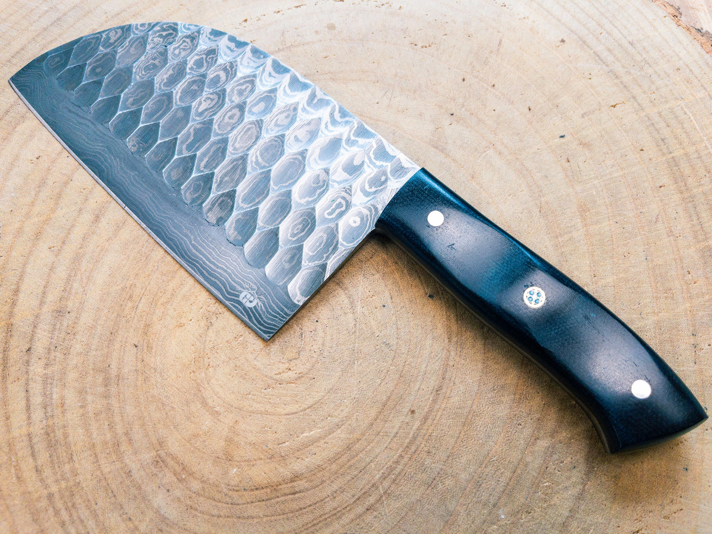 Damascus Steel Cleaver Chef Chopper w/ Dark Blue/Black Micarta Handle