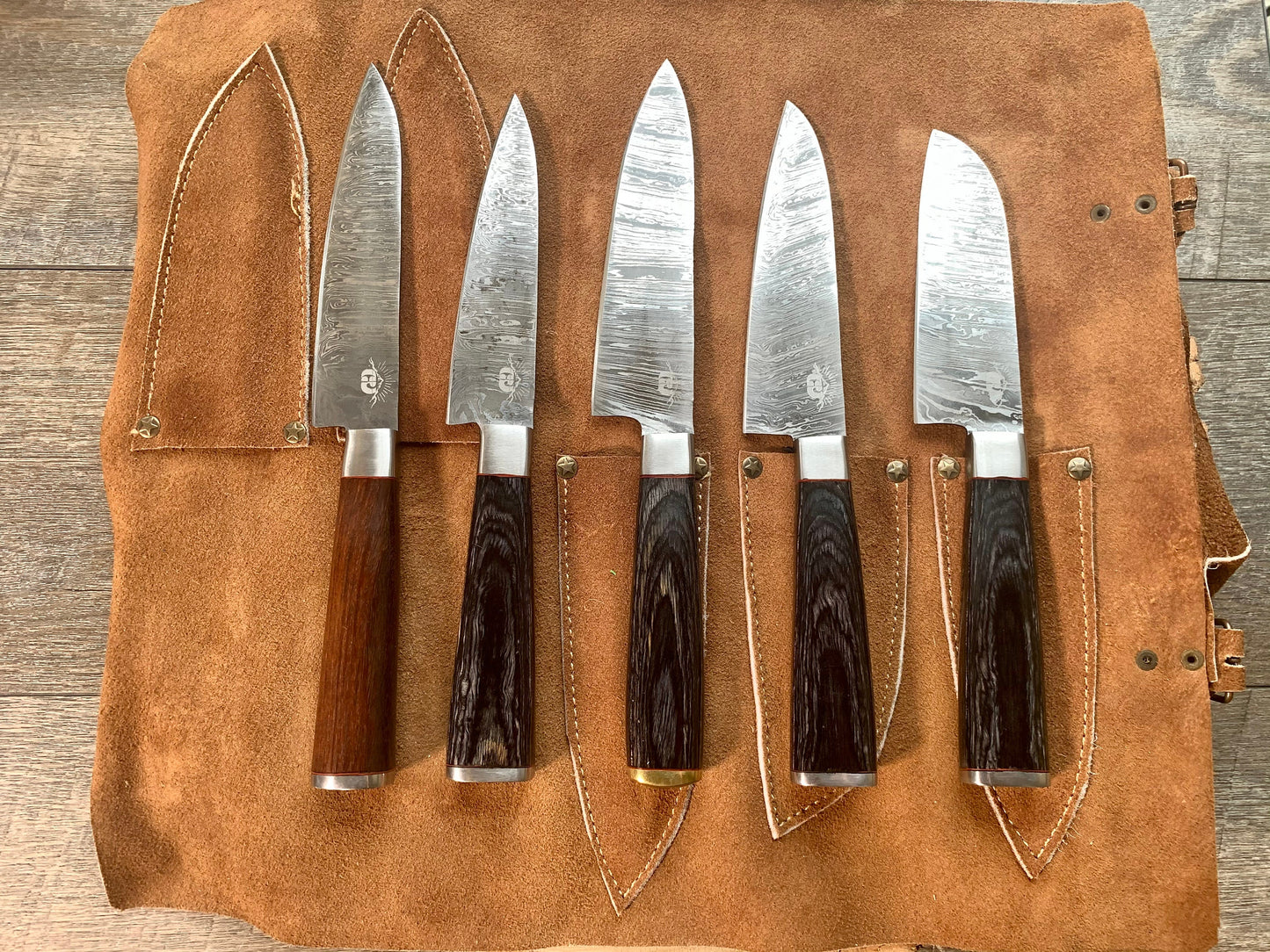 Chef Knife Set - 5 Piece - Damascus Steel Hand Forged w/ Chef Roll Carry Case