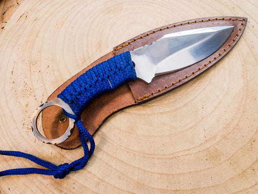 Hunting EDC knife handmade in 1085 steel, wrapped handle with finger wring hilt