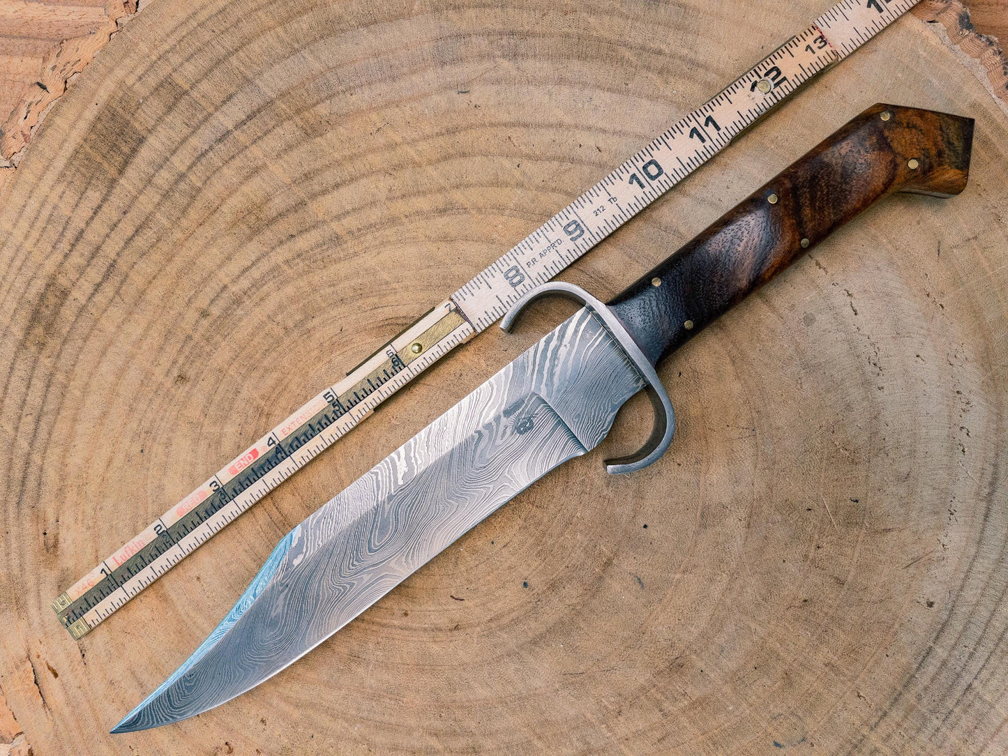 Bowie Knife "The Mini Dueler" Damascus steel, Lightweight, Back-cut, Birdshead Handle