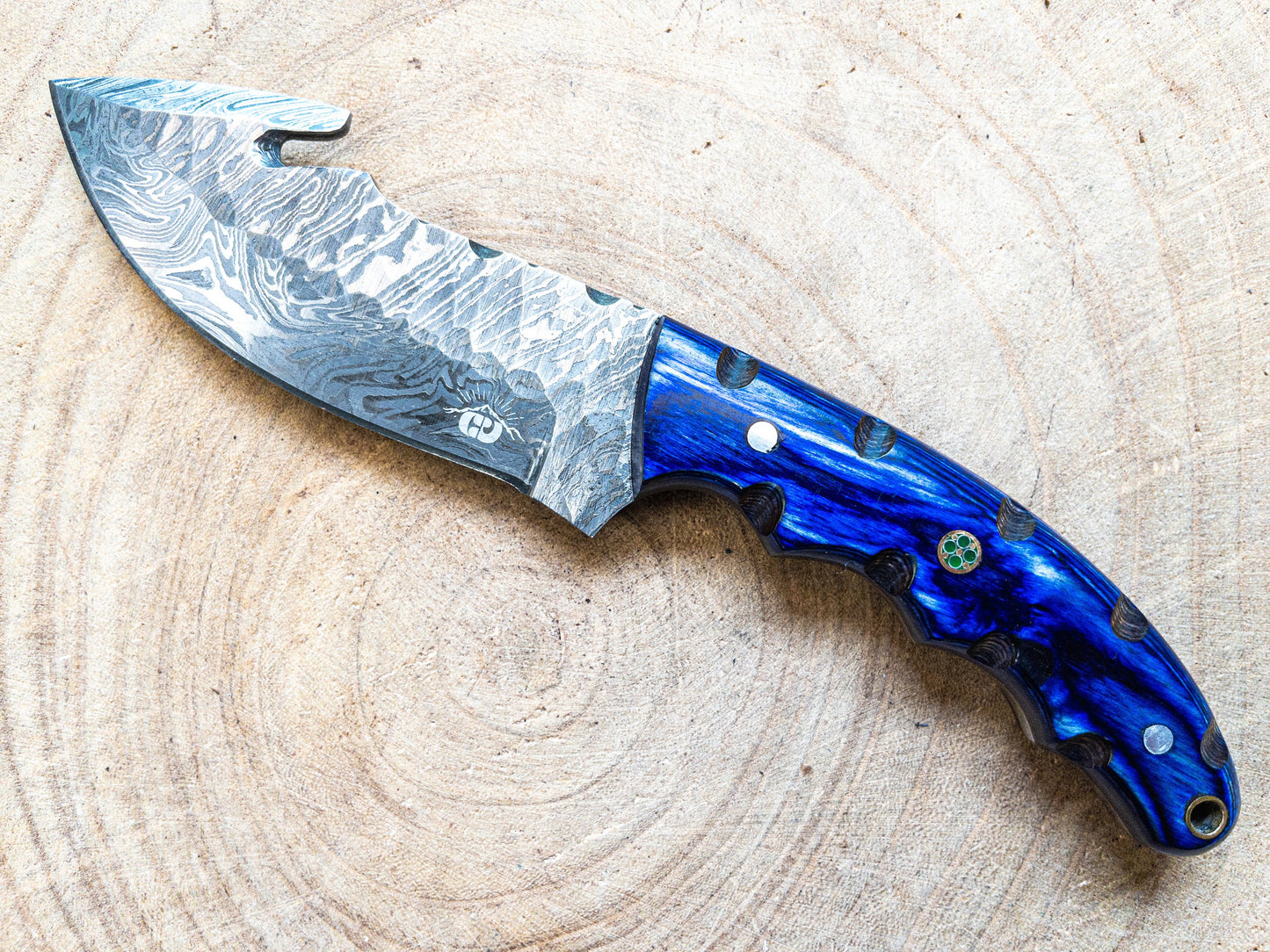 Damascus Hunting EDC Fishing Knife, Blue Lagoon