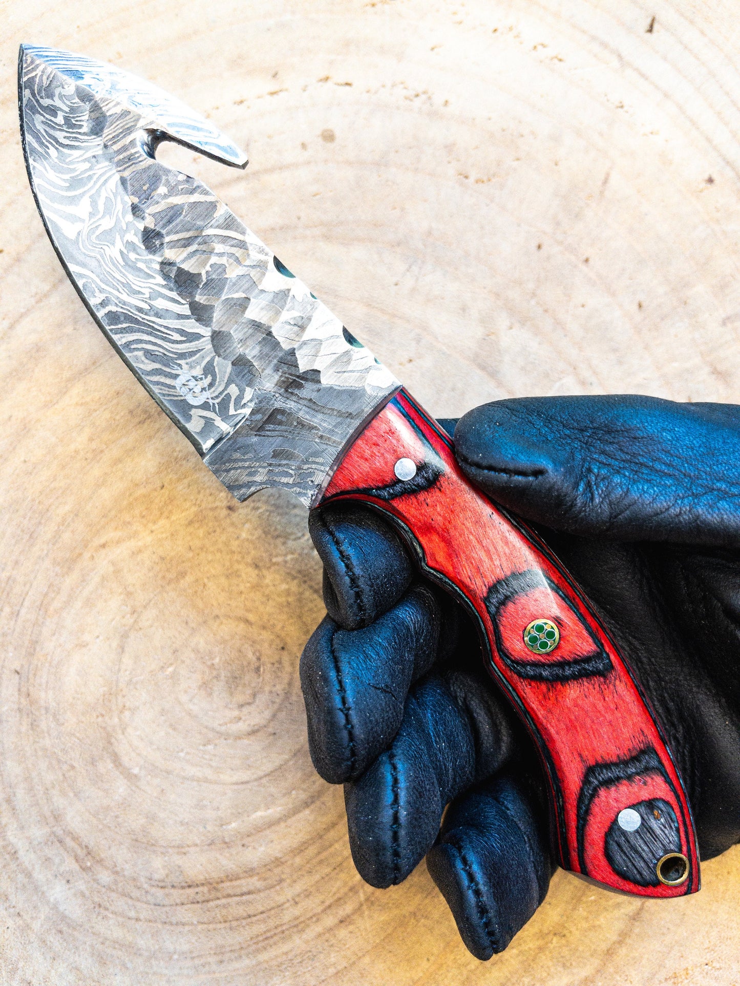 Damascus Hunting EDC Fishing Knife, Red Barron