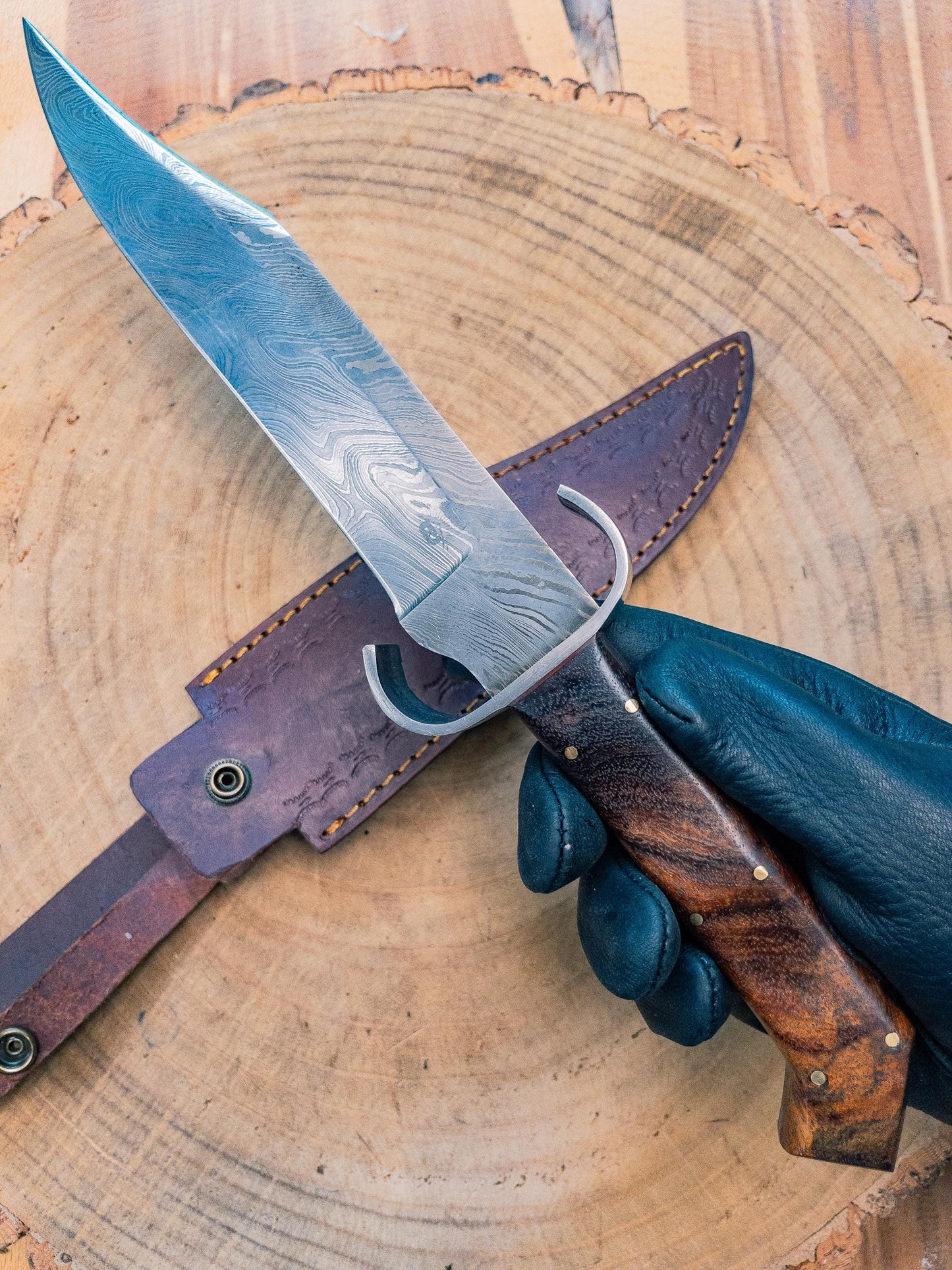 Bowie Knife "The Mini Dueler" Damascus steel, Lightweight, Back-cut, Birdshead Handle