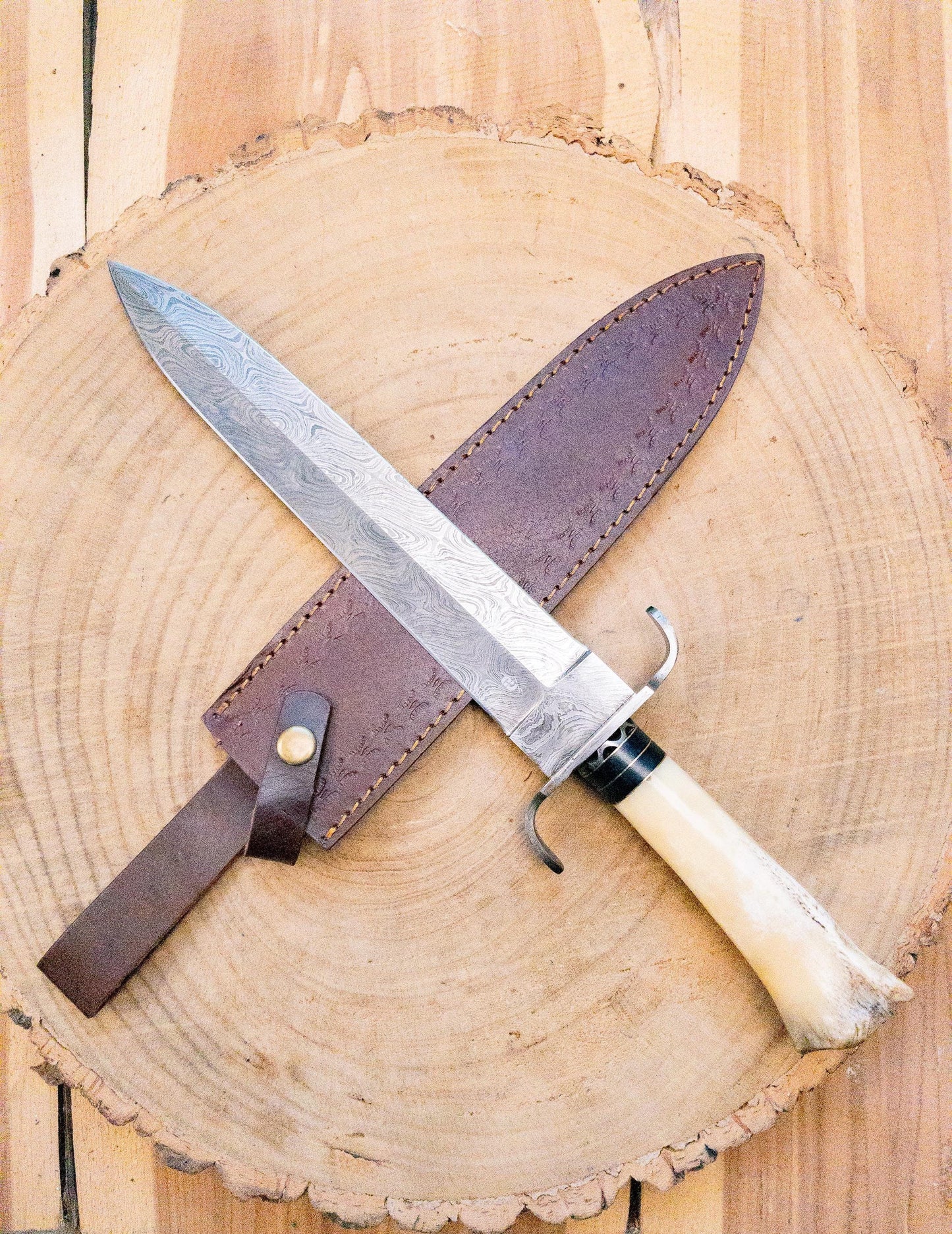 Damascus Doubler Antler Bowie Knife