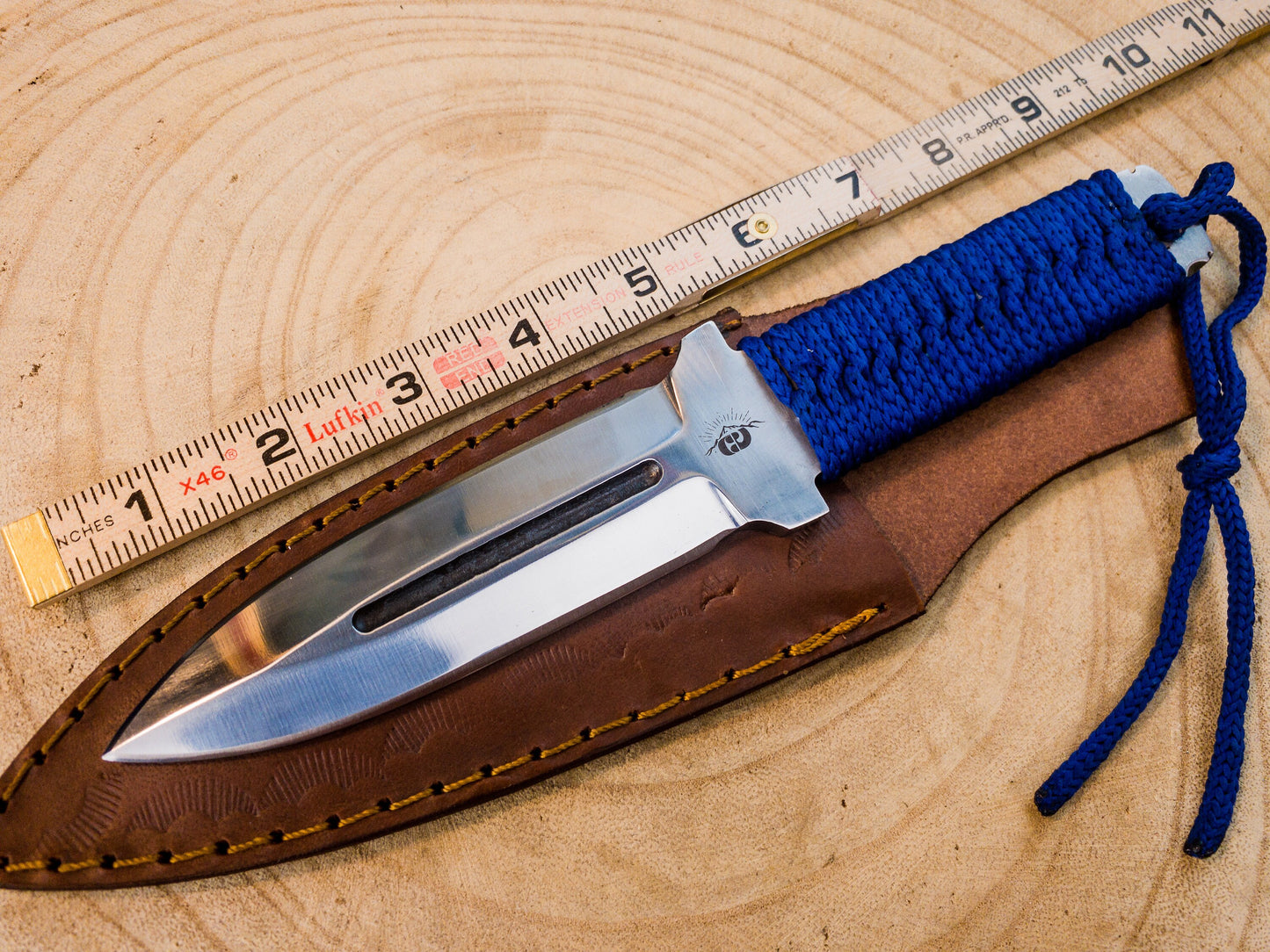 Hunting EDC knife handmade in 1085 steel, wrapped handle with finger wring hilt