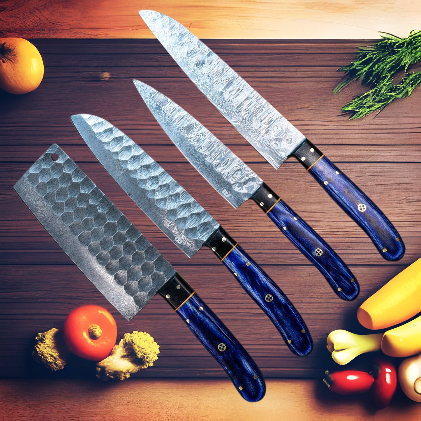 Chef Knife Set - 4 Piece Chef Knife Set - Damascus Steel Hand Forged w/ Chef Roll Carry Case