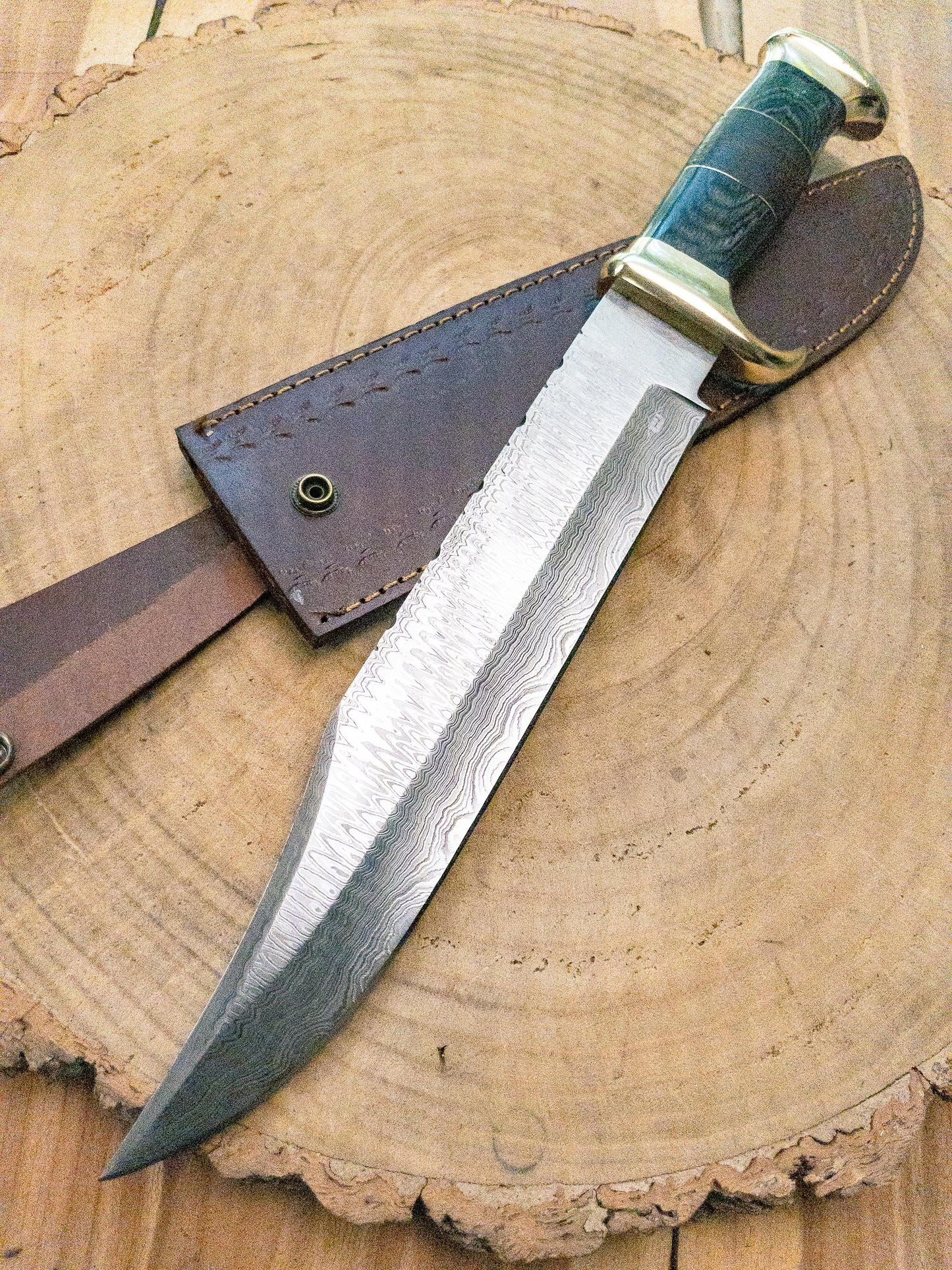 Bowie Knife - Large - Damascus Steel w/ Brass Bolsters, Black Wood and Leather Handle