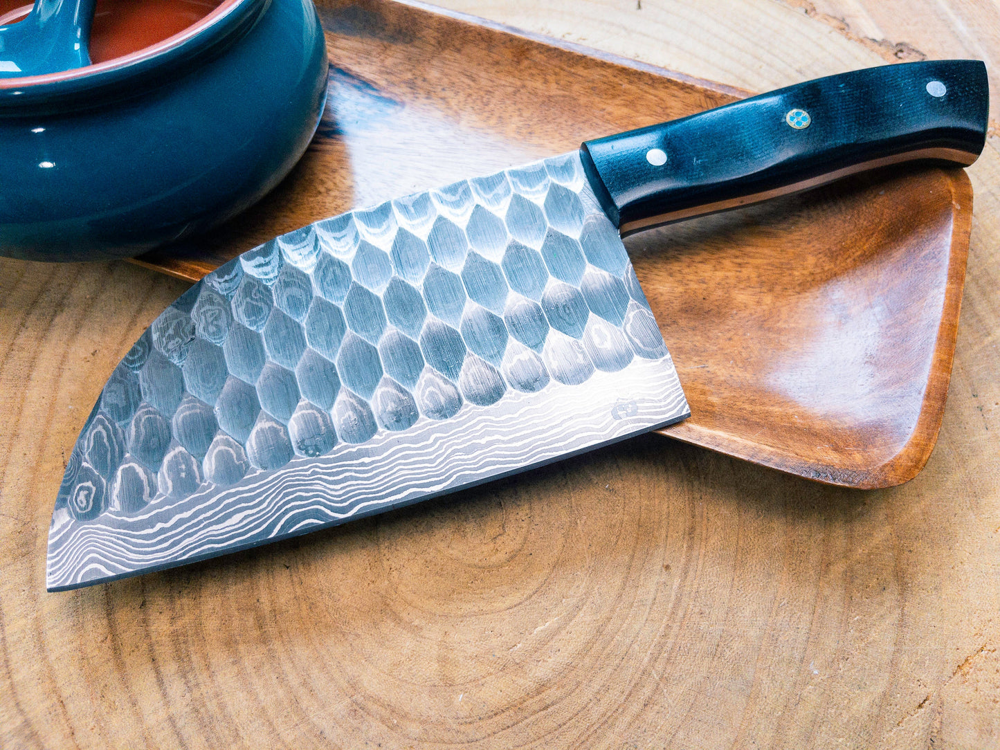 Damascus Steel Cleaver Chef Chopper w/ Dark Blue/Black Micarta Handle