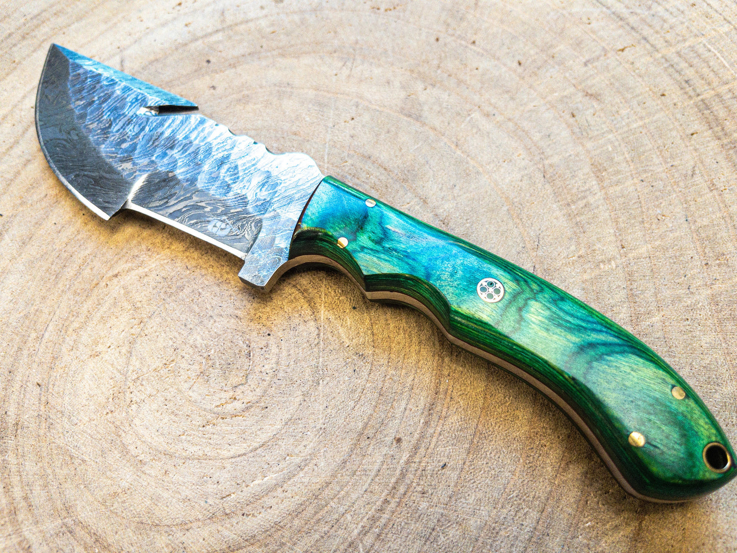 Damascus Hunting EDC Fishing Knife, Green Machine