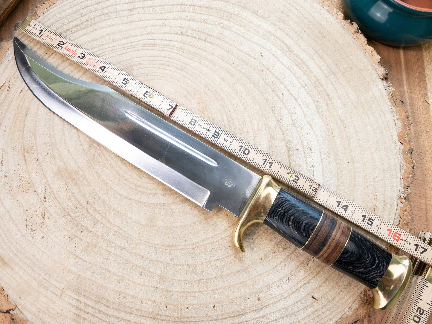 Bowie Knife - Large - 1085 Steel, Mirror Finish w/ Brass Bolsters, Black Wood and Leather Handle